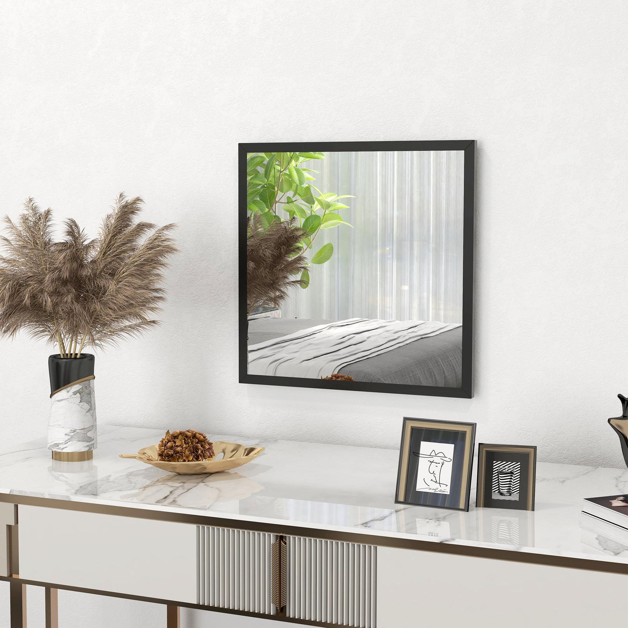 Voir la diapositive 5 : HOMCOM Miroir mural carré dim. 50L x 50H cm cadre bois noir