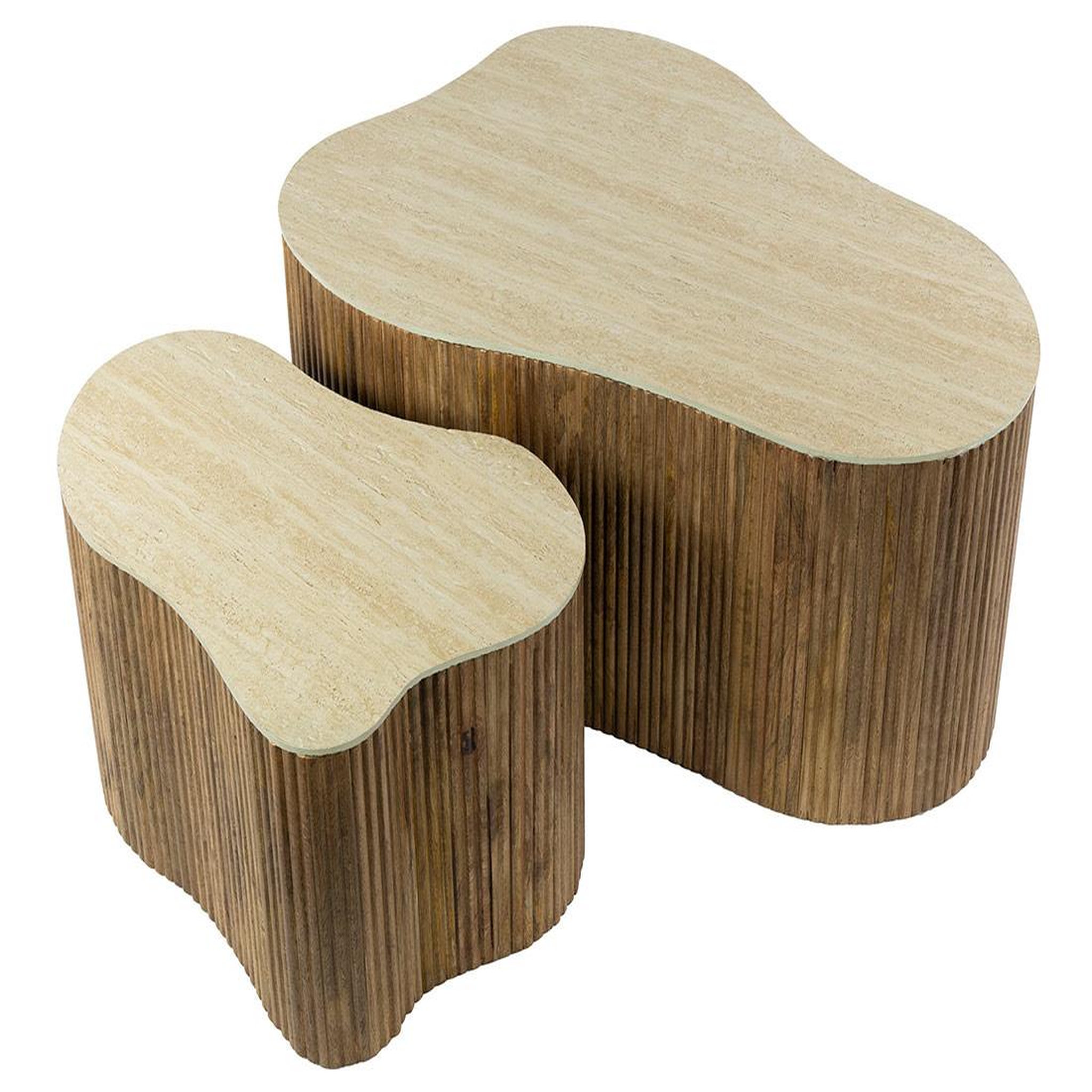 Voir la diapositive 3 : BEST MOBILIER Jade - lot de 2 tables basses gigognes effet travertin - pieds en bois massif de manguier - 90 et 61 cm