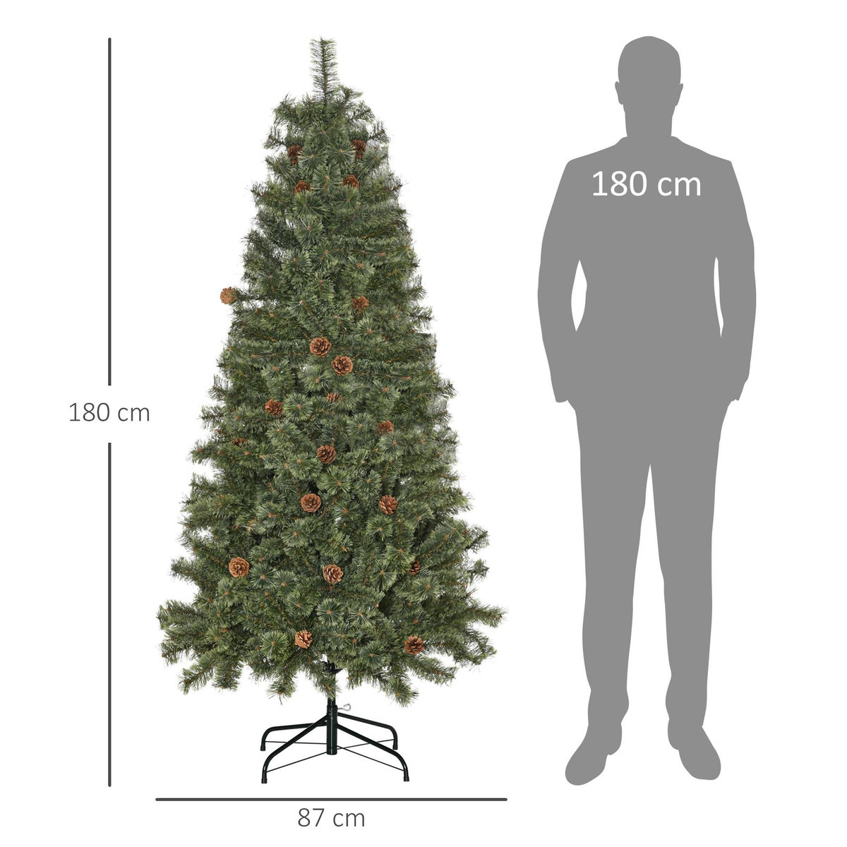HOMCOM Sapin de Noël artificiel Ø 87 x 180H cm - 450 branches épines imitation Nordmann grand réalisme - 28 pommes de pin - métal PVC vert