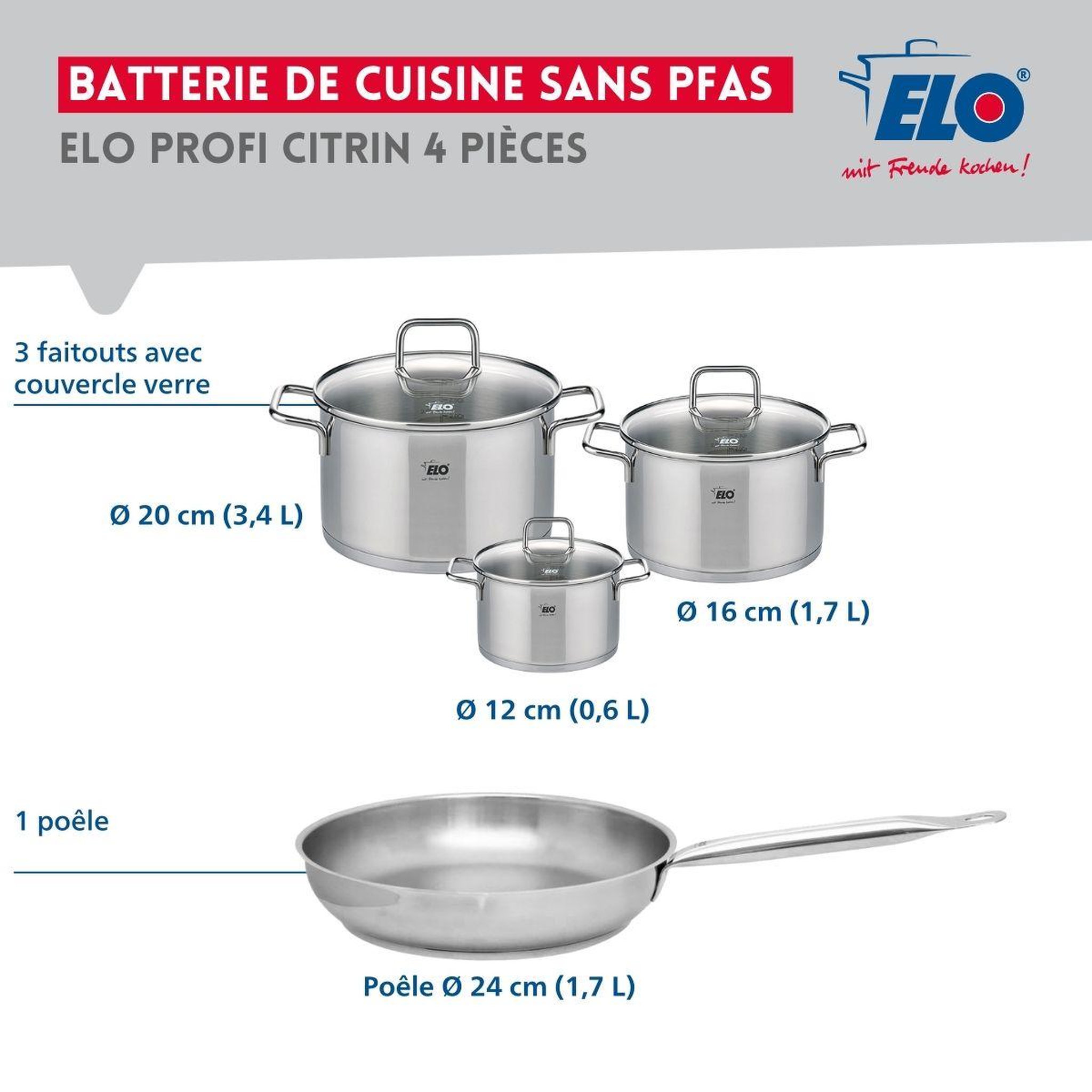 Voir la diapositive 2 : ELO Ensemble de 1 poêle de cuisson 24 cm et 3 faitouts 12, 16 et 20 cm elo profi citrin