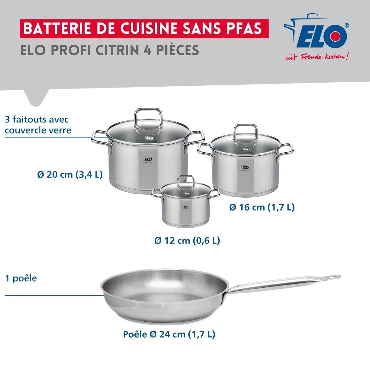 ELO Ensemble de 1 Poêle de cuisson 24 cm et 3 faitouts 12, 16 et 20 cm Elo Profi Citrin