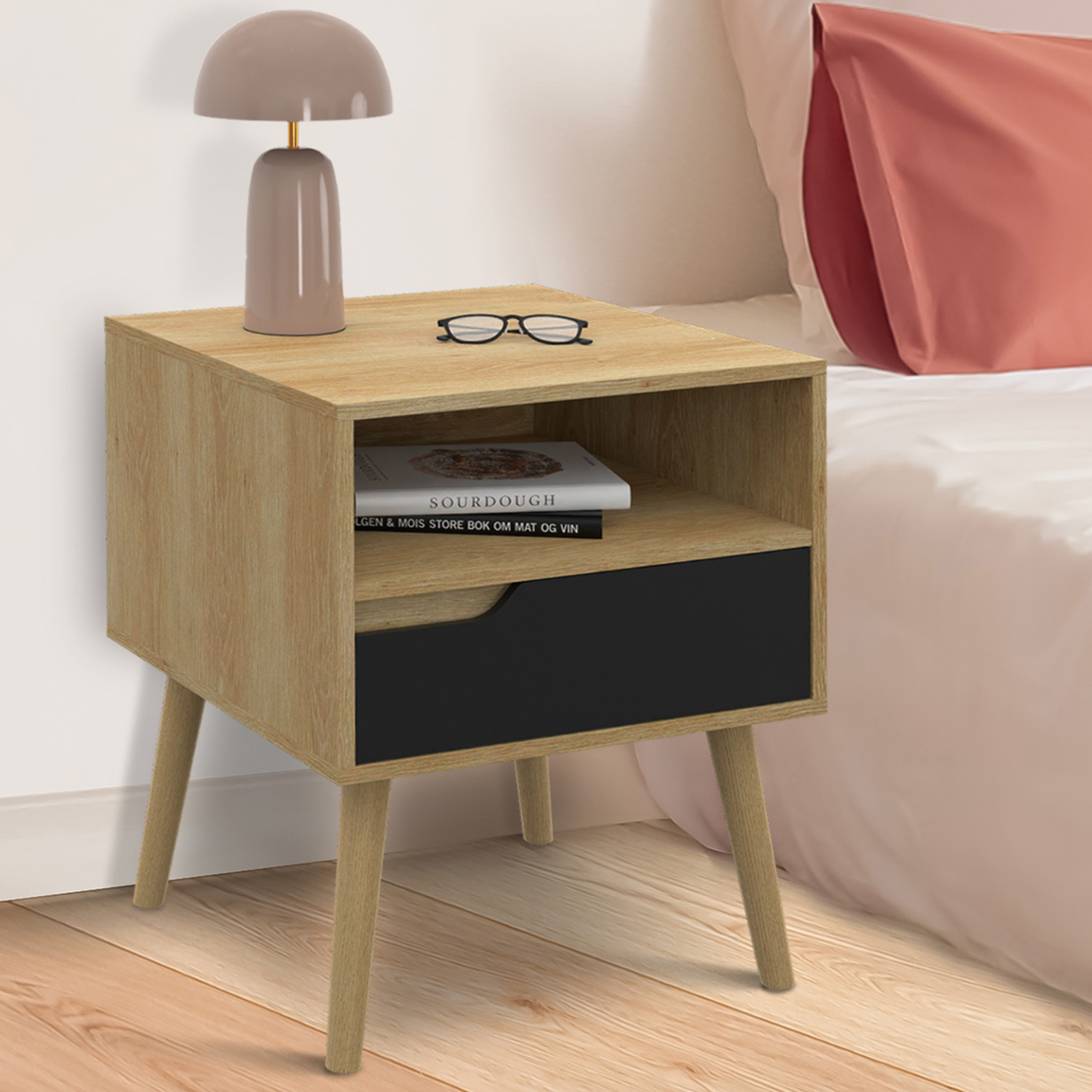 Voir la diapositive 2 : ID MARKET Lot de 2 tables de chevet helsinki scandinaves 1 tiroir avec niche effet hêtre et noir