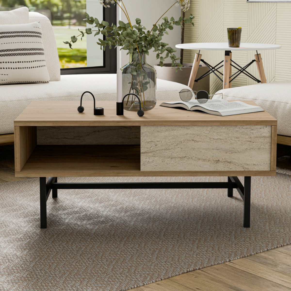 CONCEPT USINE Table basse design bois et travertin avec compartiment TROSA