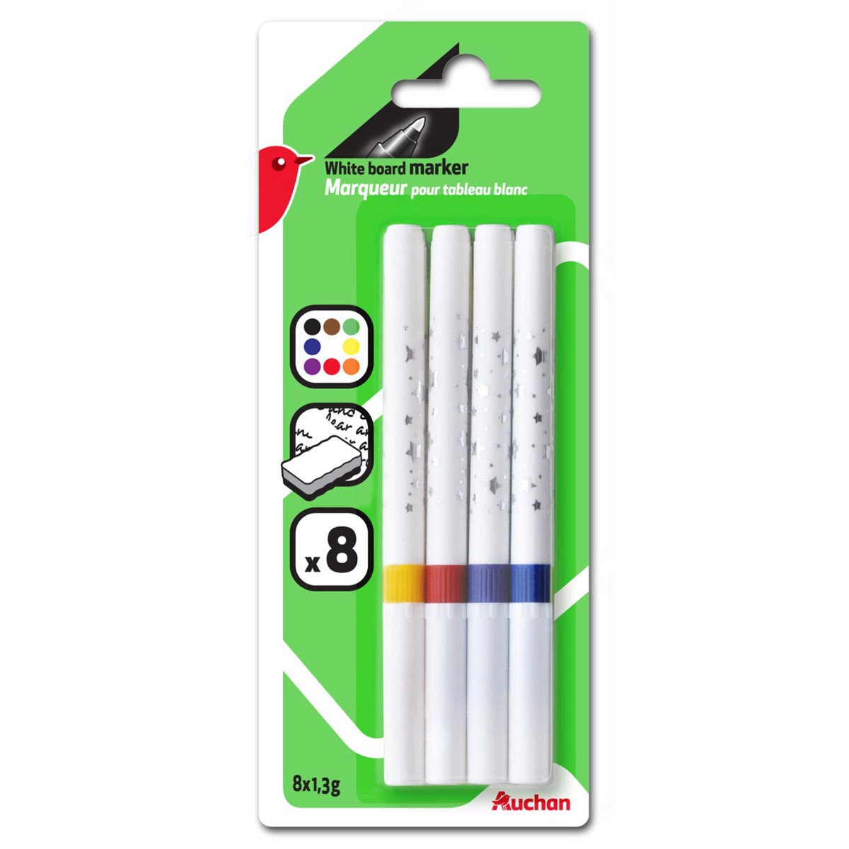 AUCHAN  Lot de 8 marqueurs pour tableau blanc effaçables pointes fines coloris assortis