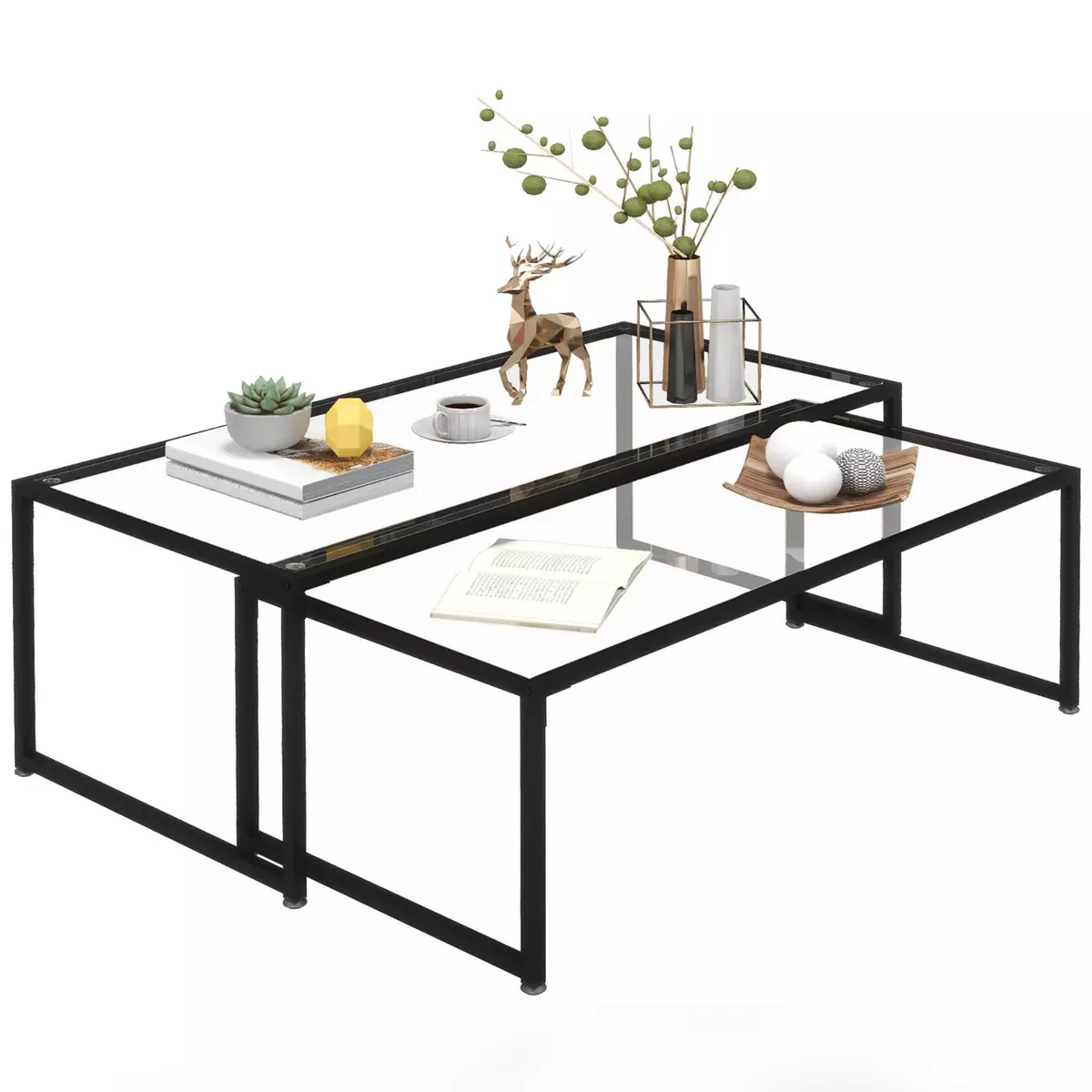 HOMCOM Tables gigognes lot de 2 tables basses rectangulaires design contemporain acier noir verre trempé 4 mm