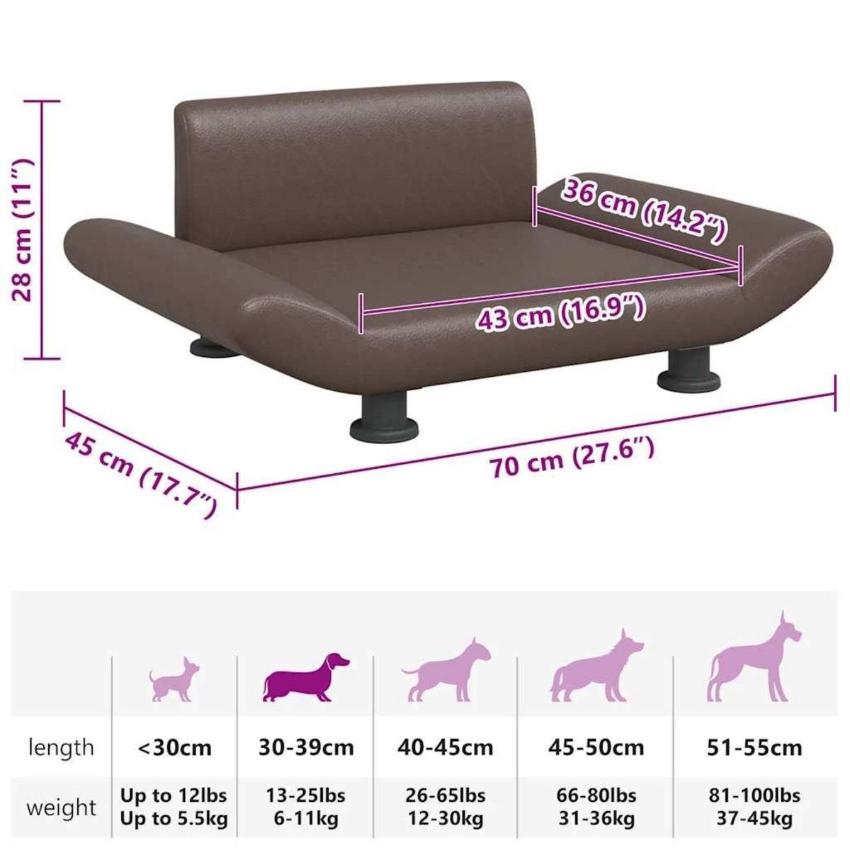 VIDAXL Lit pour chien marron 70x45x28 cm similicuir