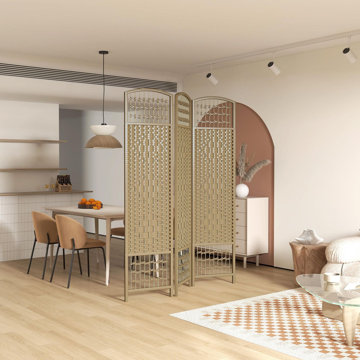 HOMCOM Paravent intérieur 3 panneaux pliables séparateur de pièce bois de peuplier bambou fibres de papier tressée coloris naturel