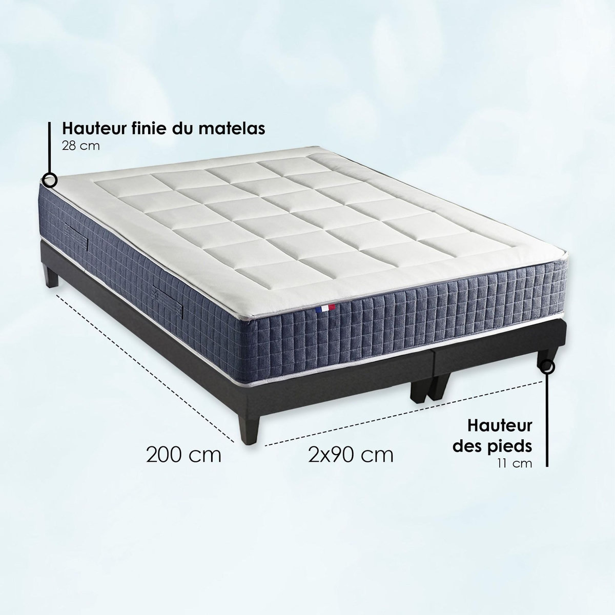IDLITERIE Ensemble Matelas Ressort 7 zones + Mémoire de forme + Sommier KING STYLE Fabriqué en France