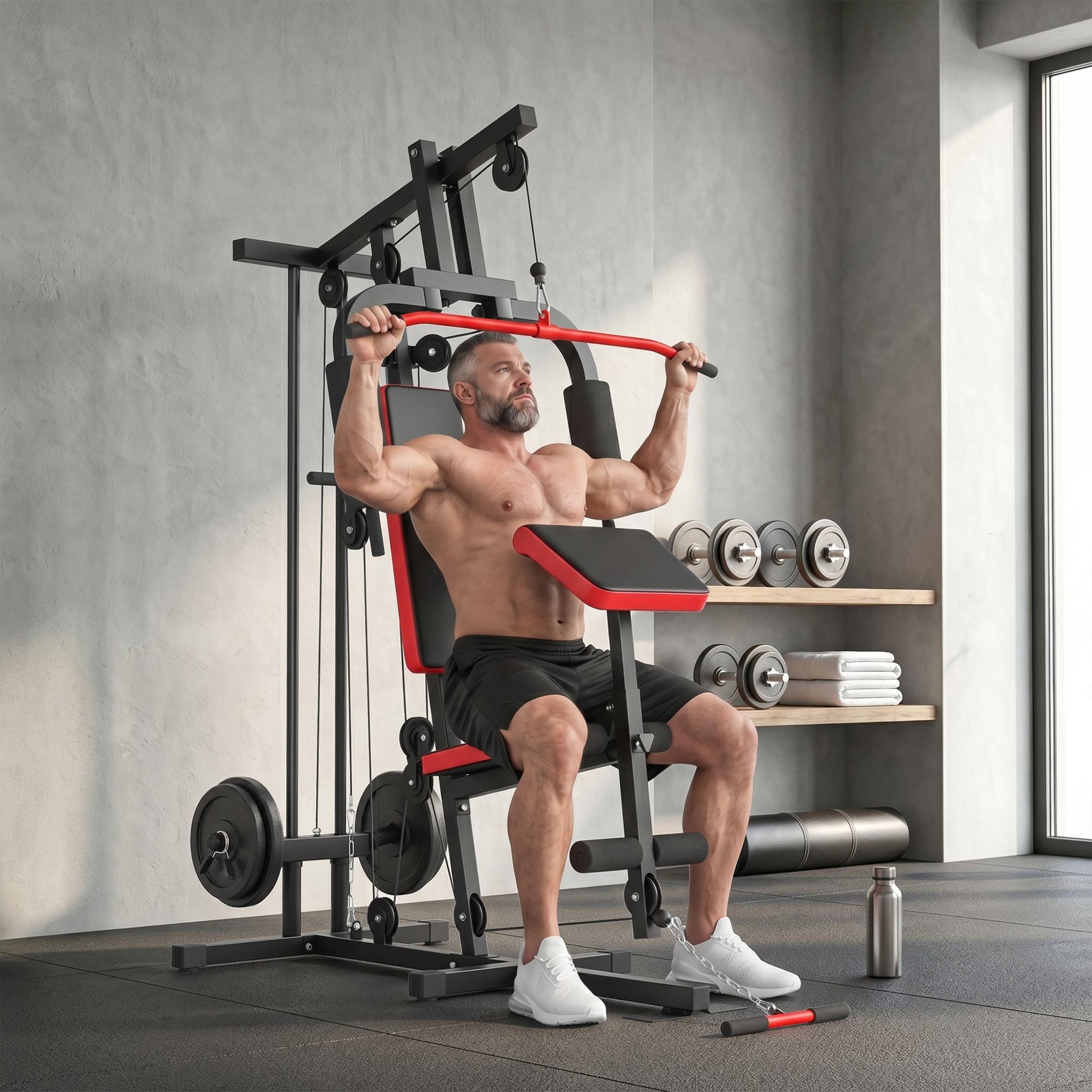 Voir la diapositive 2 : HOMCOM Station de musculation fitness entrainement complet développé couché butterfly barre latissimus curler