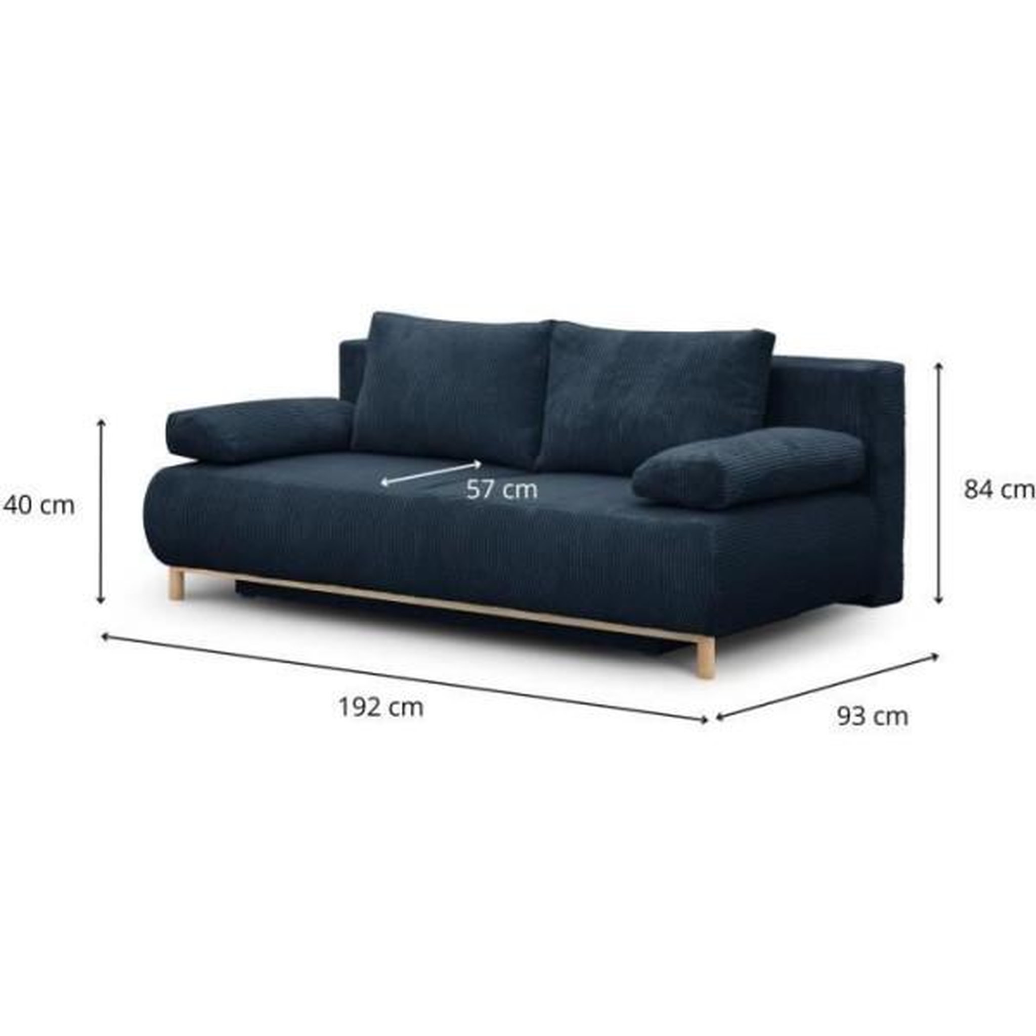 Voir la diapositive 3 : MARKET24 Banquette convertible 3 places MIKA - Velours côtelé bleu foncé - Coffre de rangement - L 192 x H 84 x P 93 cm