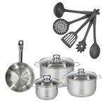Fackelmann Set poêle 20 cm en inox, 3 faitouts inox 16, 20 et 24 cm et 5 ustensiles Fackelmann Eterna