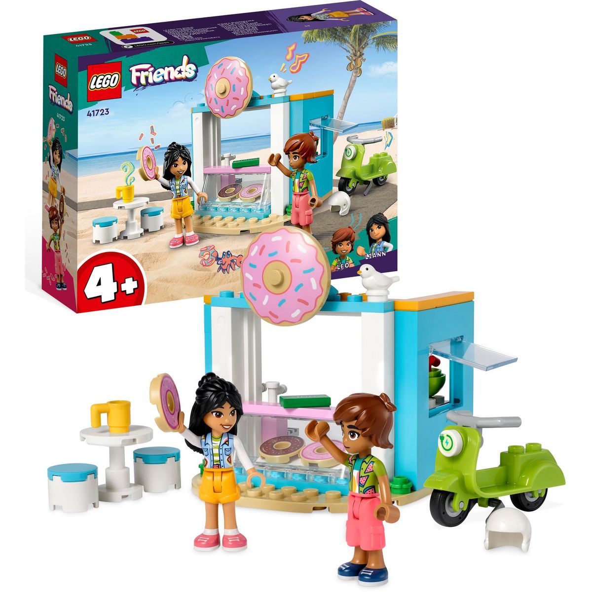 LEGO Friends 41723 Boutique de donuts, Set de Café, Jouet Filles et Garçons 4 Ans avec Mini-Poupées Liane et Léo et Scooter