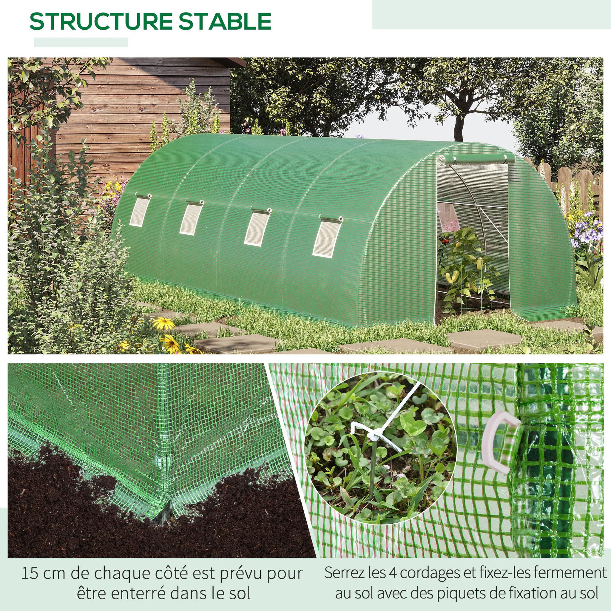 Voir la diapositive 6 : OUTSUNNY Serre de jardin tunnel 18 m² dim. 6l x 3l x 2h m - 8 fenêtres, porte zippée enroulable - châssis tubulaire acier galvanisé, bâche pe haute densité vert