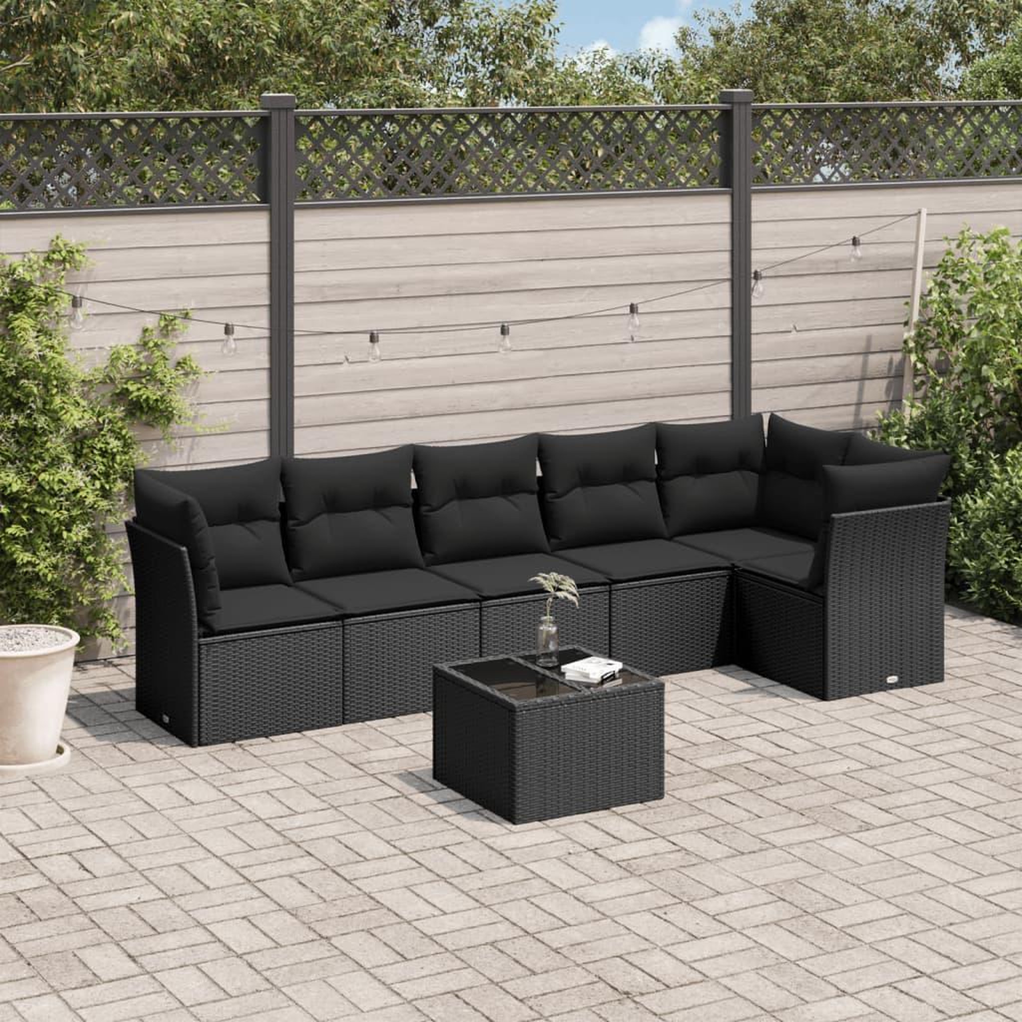 VIDAXL Salon de jardin 7 pcs avec coussins noir resine tressee