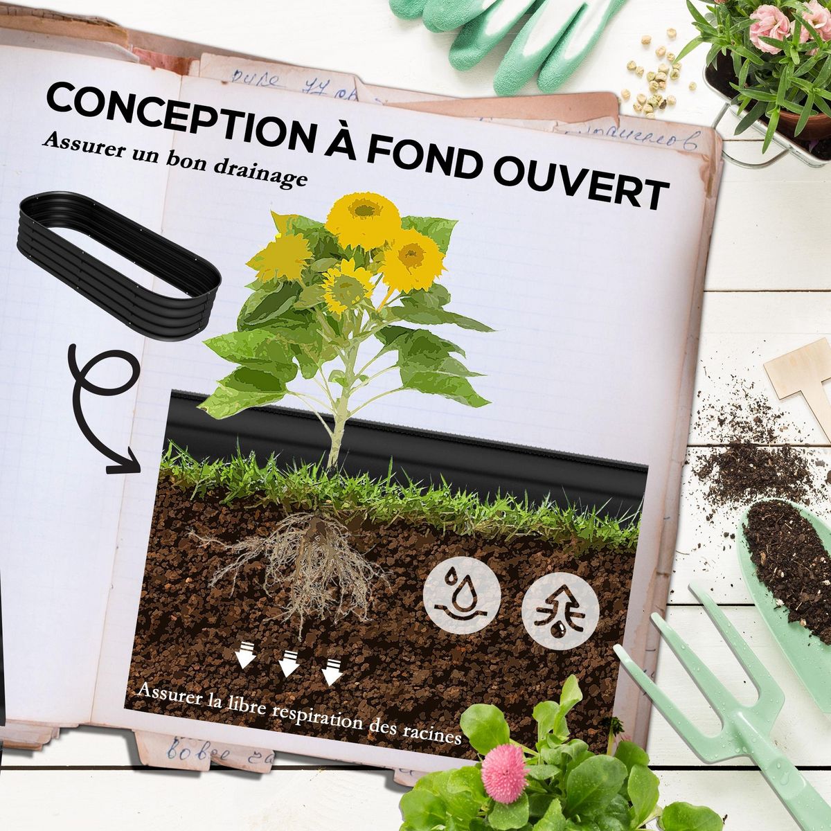 OUTSUNNY Carré potager de jardin dim. 150L x 62l x 30H cm modulable tôle d'acier ondulée noir