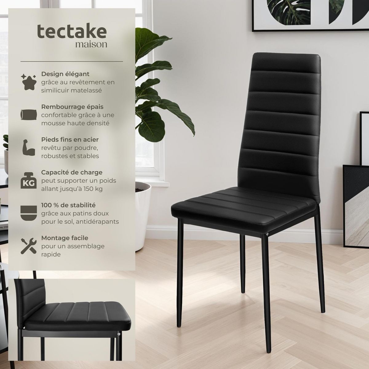 tectake Ensemble de chaises de salle à manger rembourrées avec revêtement aspect cuir noir Lot de 8