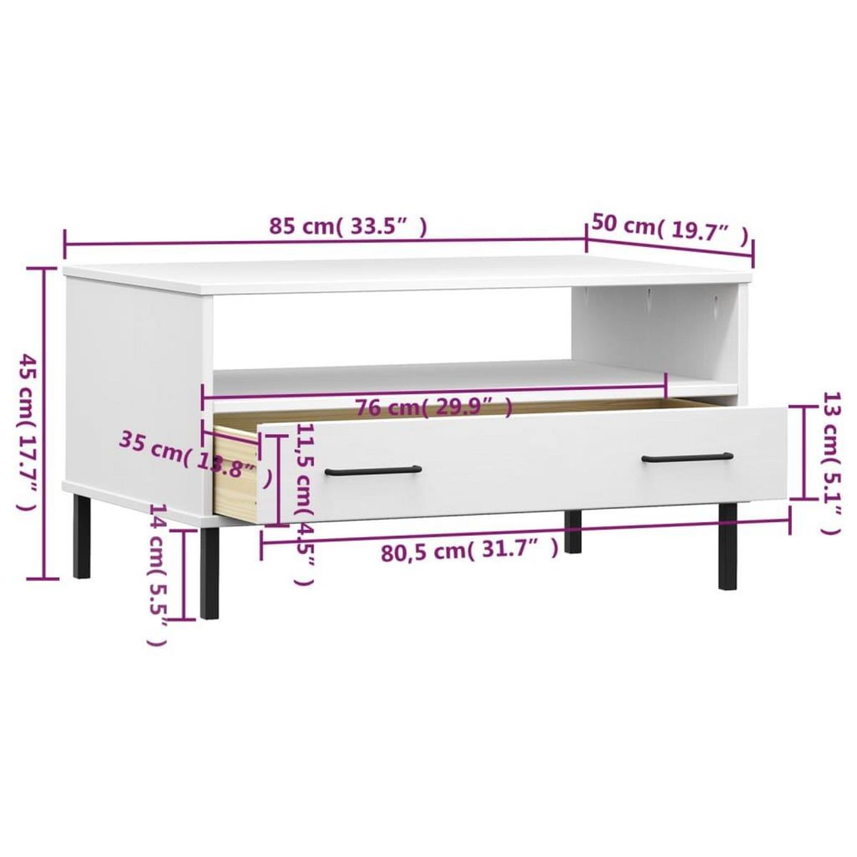 VIDAXL Table basse avec pieds en metal Blanc 85x50x45 cm Bois OSLO