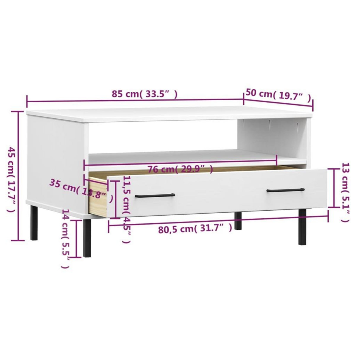 VIDAXL Table basse avec pieds en metal Blanc 85x50x45 cm Bois OSLO