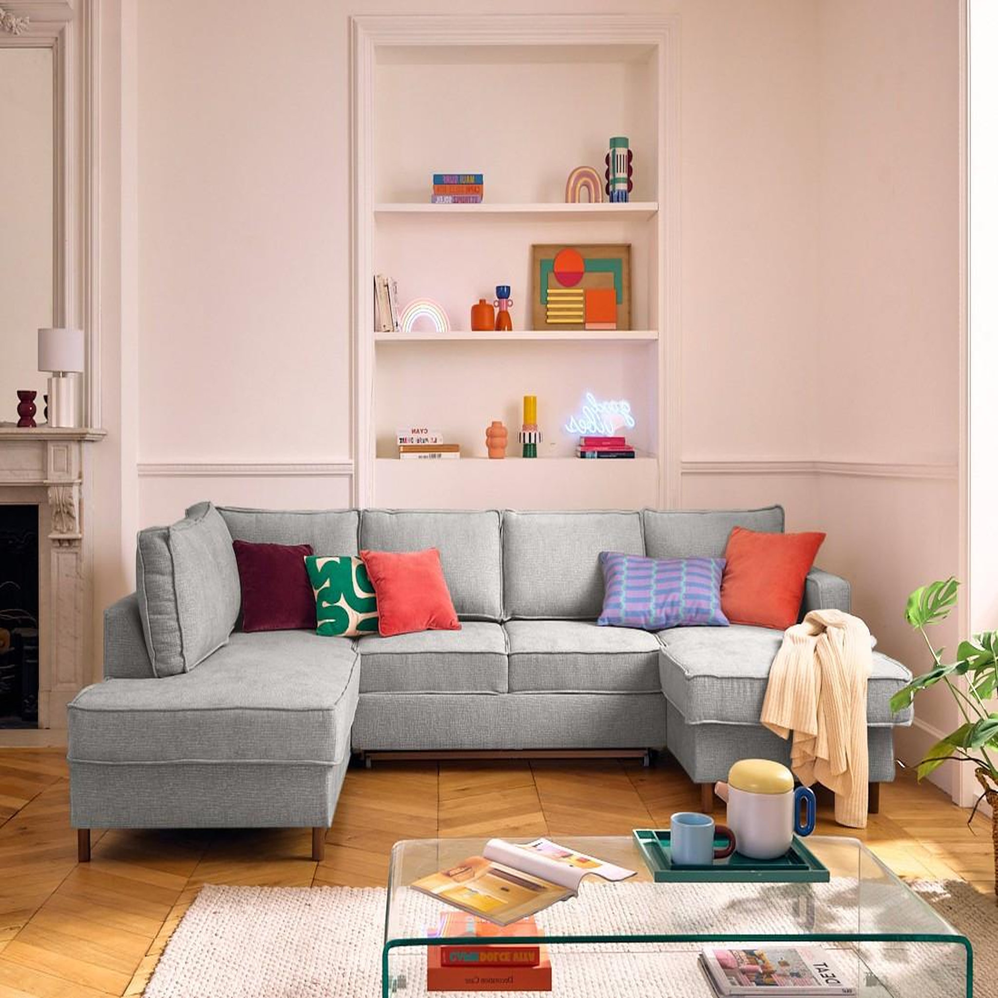 Voir la diapositive 1 : LISA DESIGN Jake - canapé panoramique d'angle gauche 7 places convertible avec coffre en tissu velours relief
