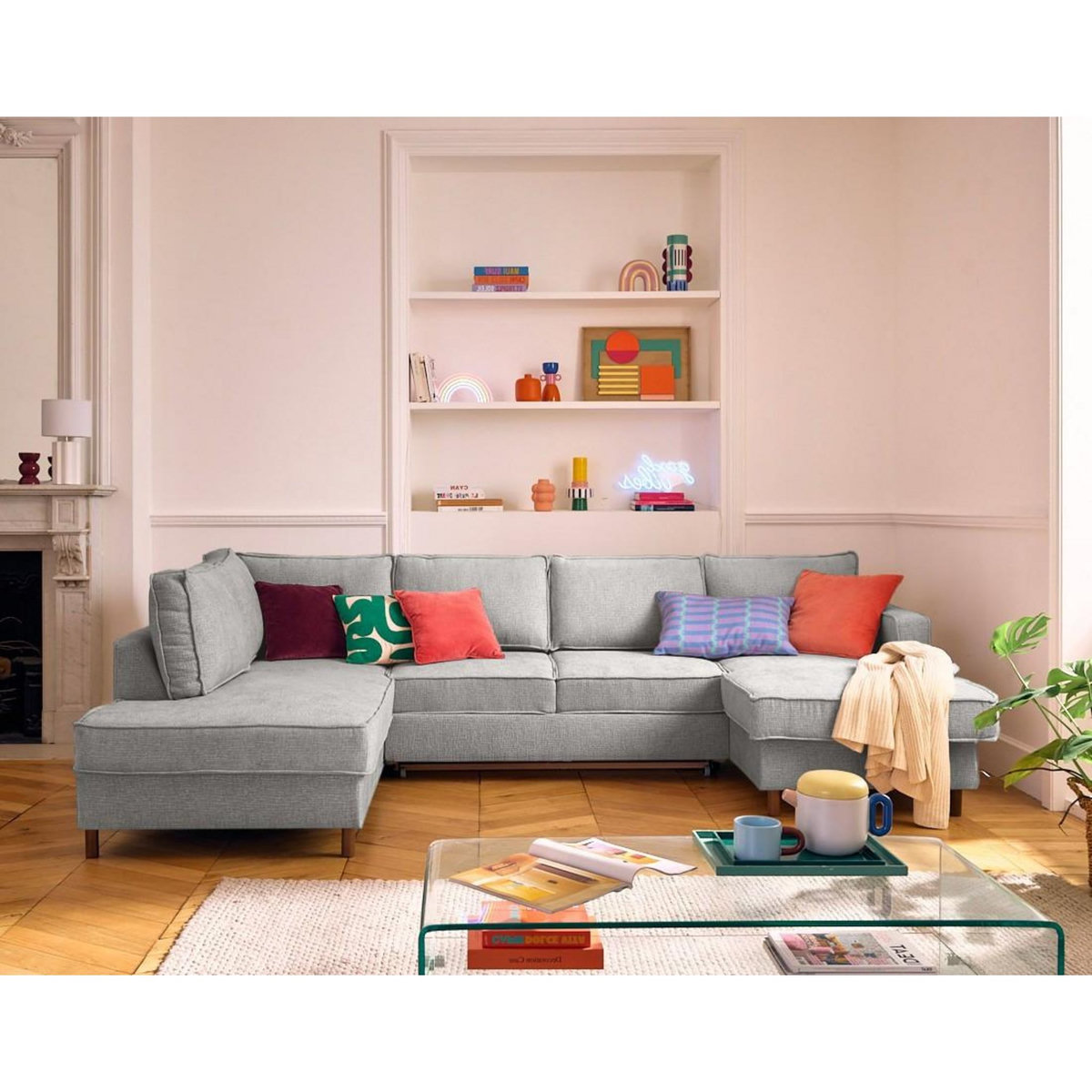 LISA DESIGN Jake - canapé panoramique d'angle gauche 7 places convertible avec coffre en tissu velours relief