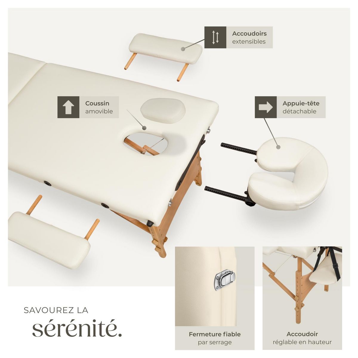 tectake Table de massage portable pliante 2 zones largeur 61 cm et rembourrage 5 cm beige