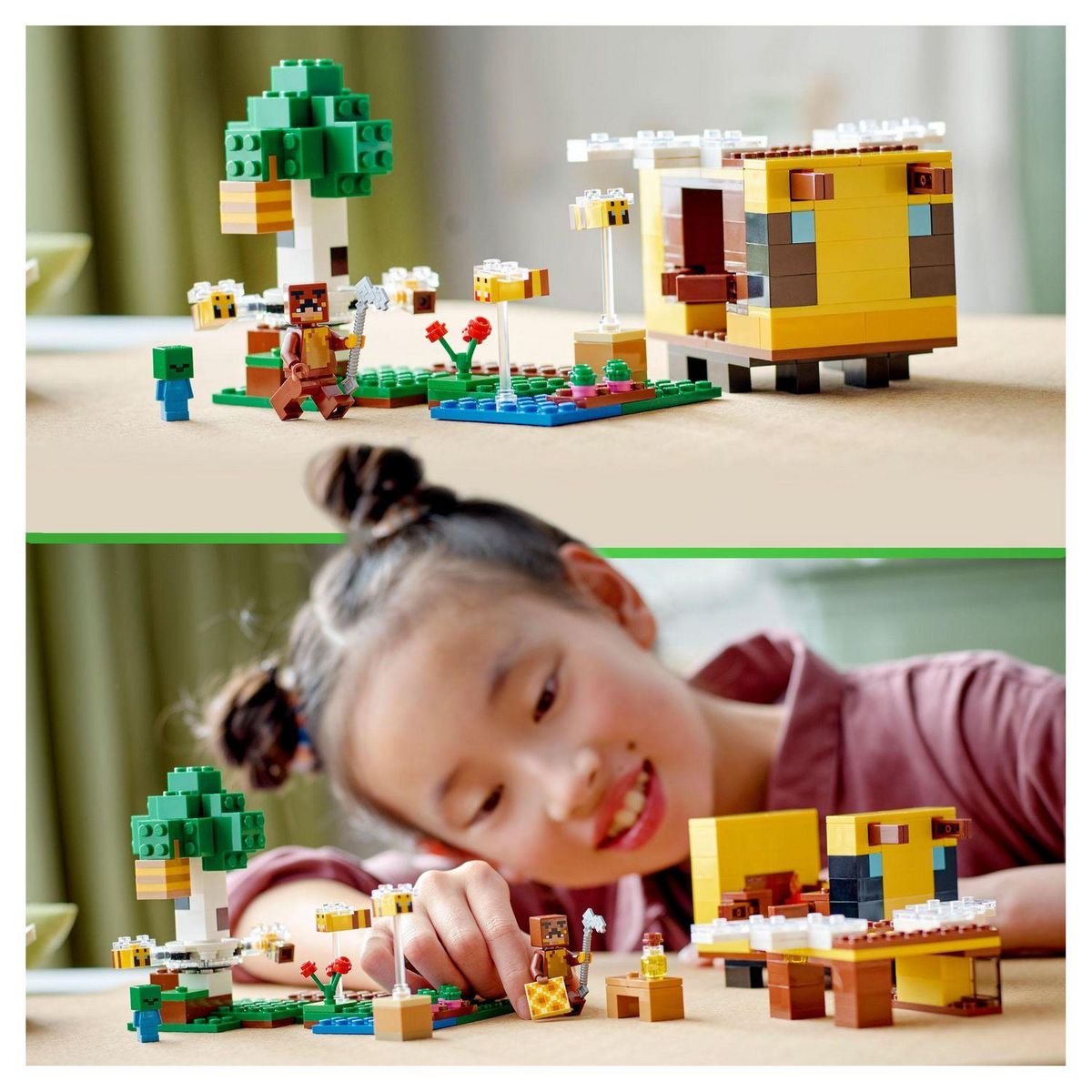 LEGO Minecraft  21241 La cabane Abeille, Jouet, Ferme avec Maison, Zombie et Figurines Animaux