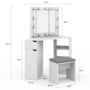 Voir la diapositive 4 : ID MARKET Coiffeuse d'angle ZELIA blanche 3 miroirs LED, 3 étagères, 1 tiroir, 1 caisson de rangement et tabouret