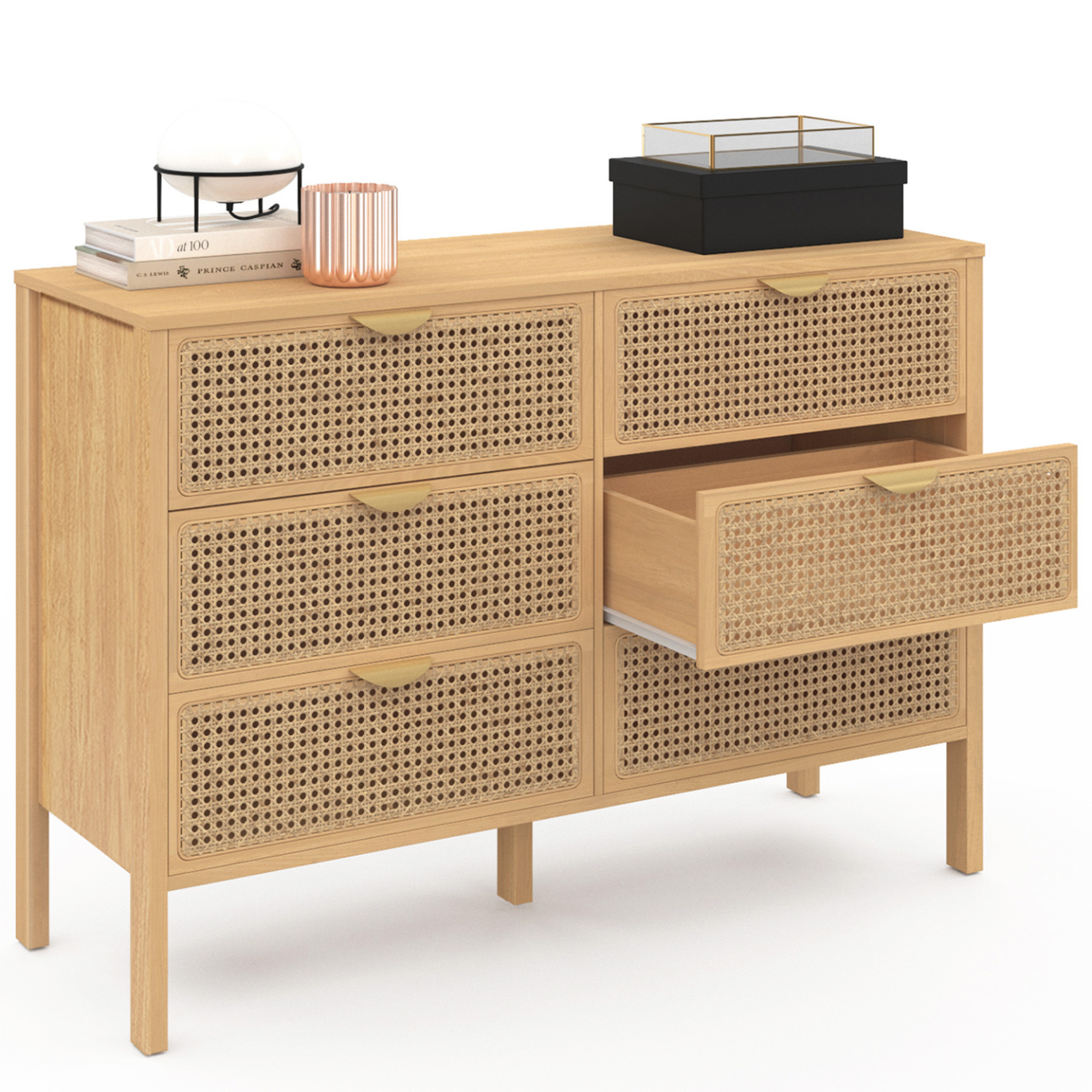 Voir la diapositive 4 : ID MARKET Commode 6 tiroirs edhen 115 cm bois et cannage