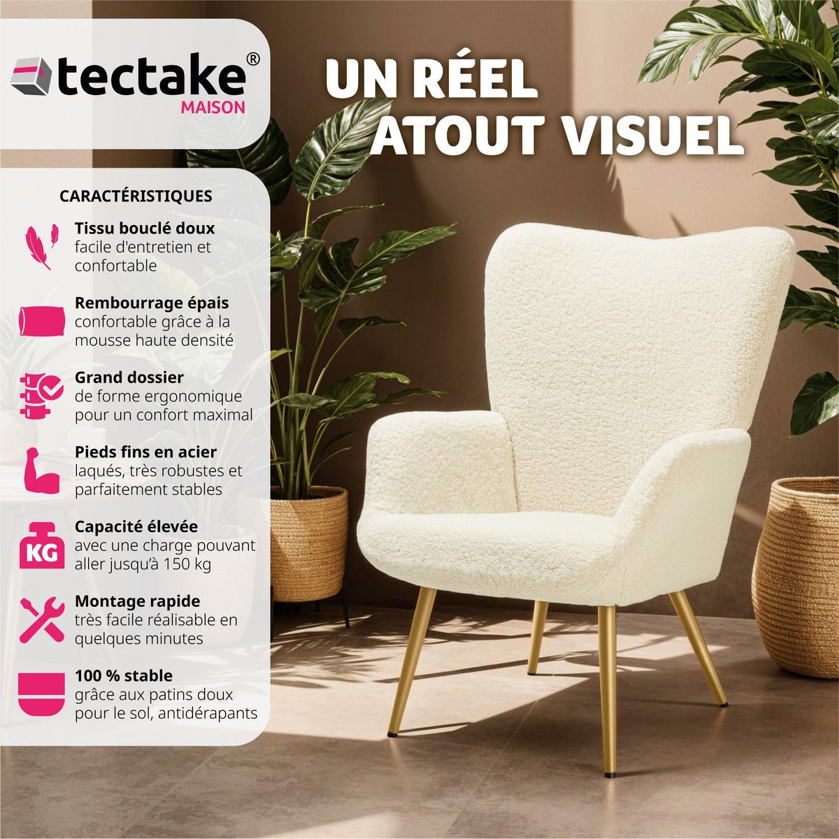 tectake Fauteuil rembourré Bouclé crème/or