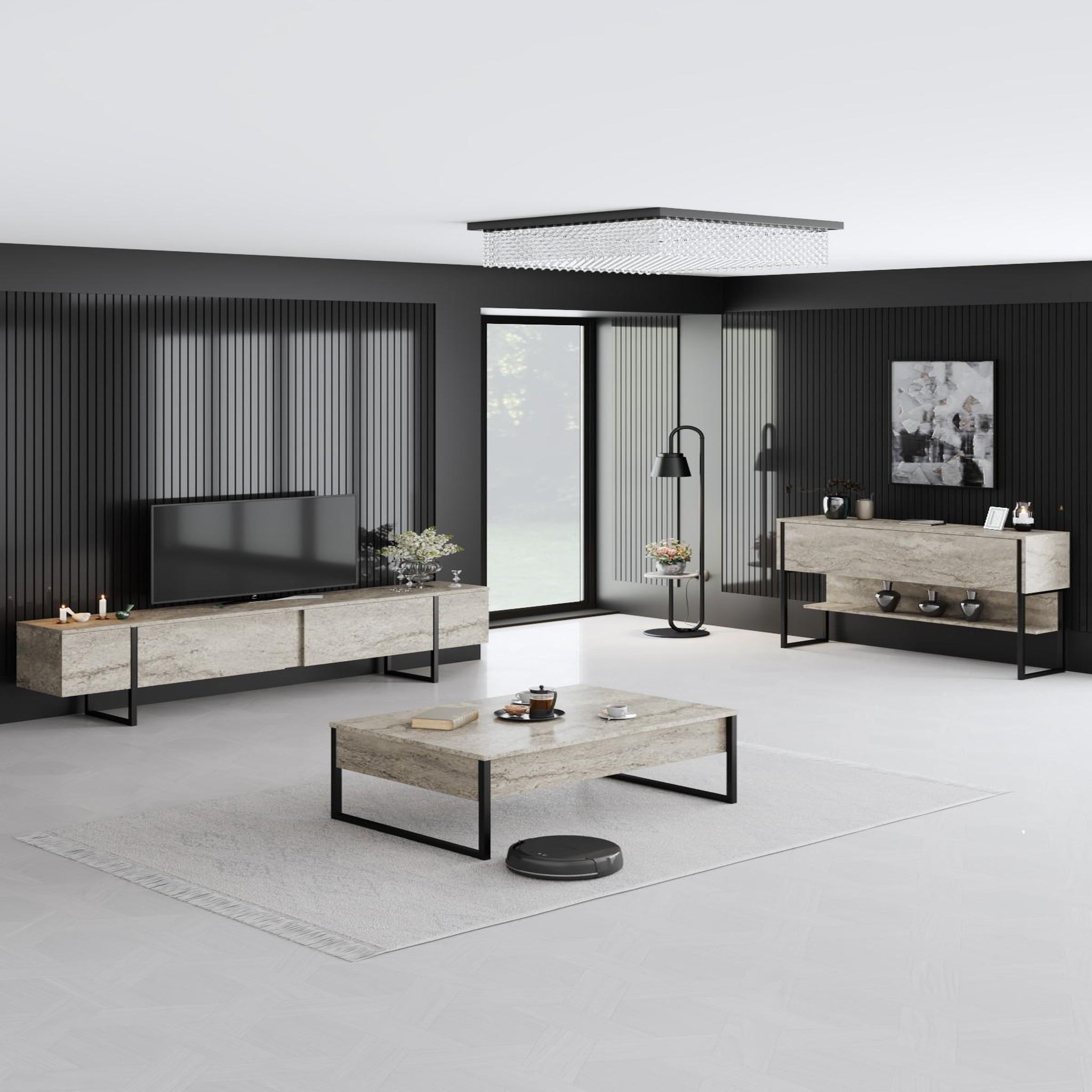 Voir la diapositive 3 : Habitat et Jardin Console en bois  luxe  - 120 x 30 x 80 cm - travertin noir