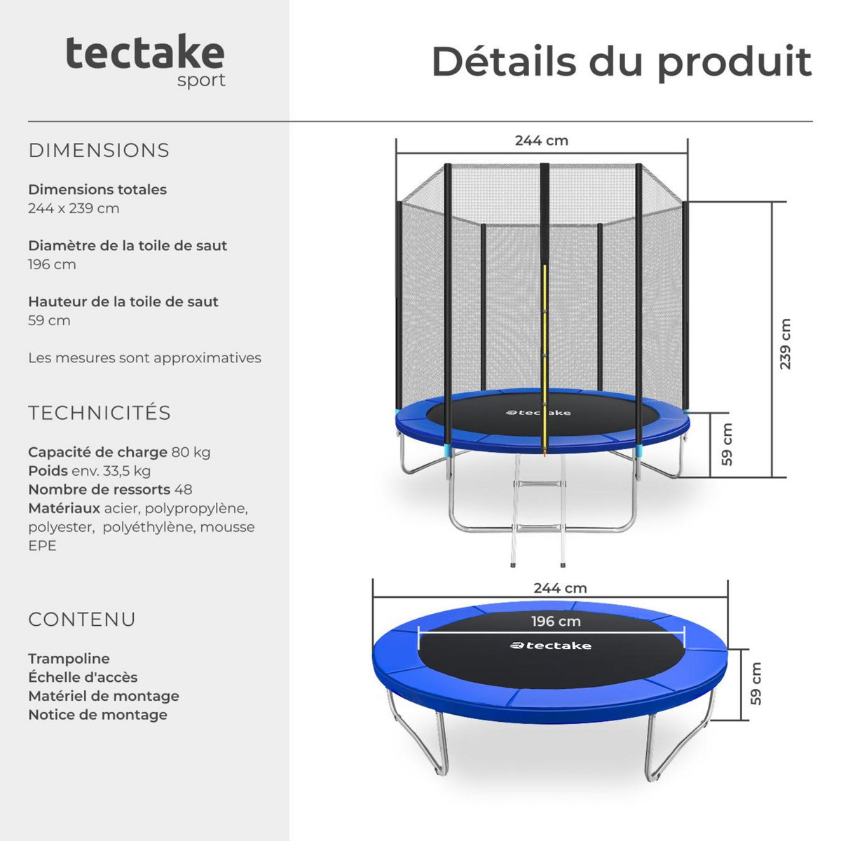tectake Trampoline modèle B Ø 244 cm, certifié GS pour un maximum de sécurité noir/bleu