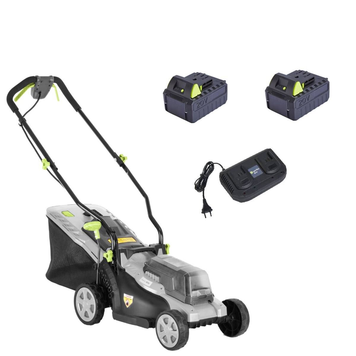 GARDENSTAR Lot tondeuse électrique à batterie 40 V + 2 Batteries 20 V 4 Ah + 1 Chargeur