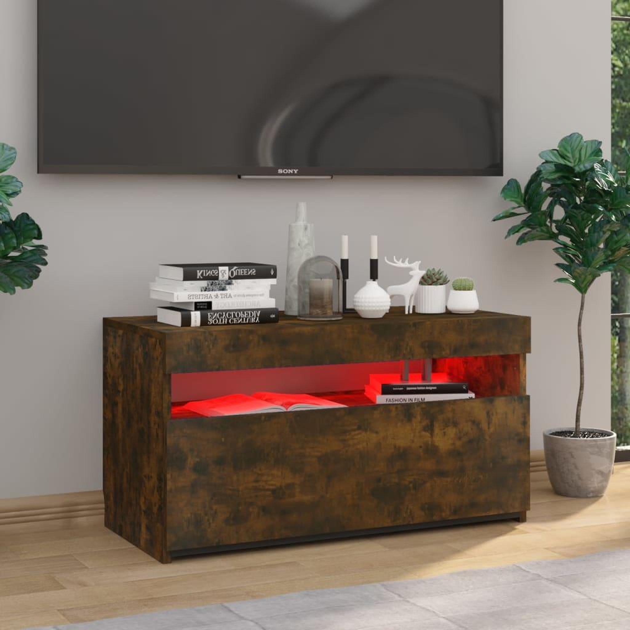 Voir la diapositive 3 : VIDAXL Meuble TV avec lumieres LED Chene fume 75x35x40 cm
