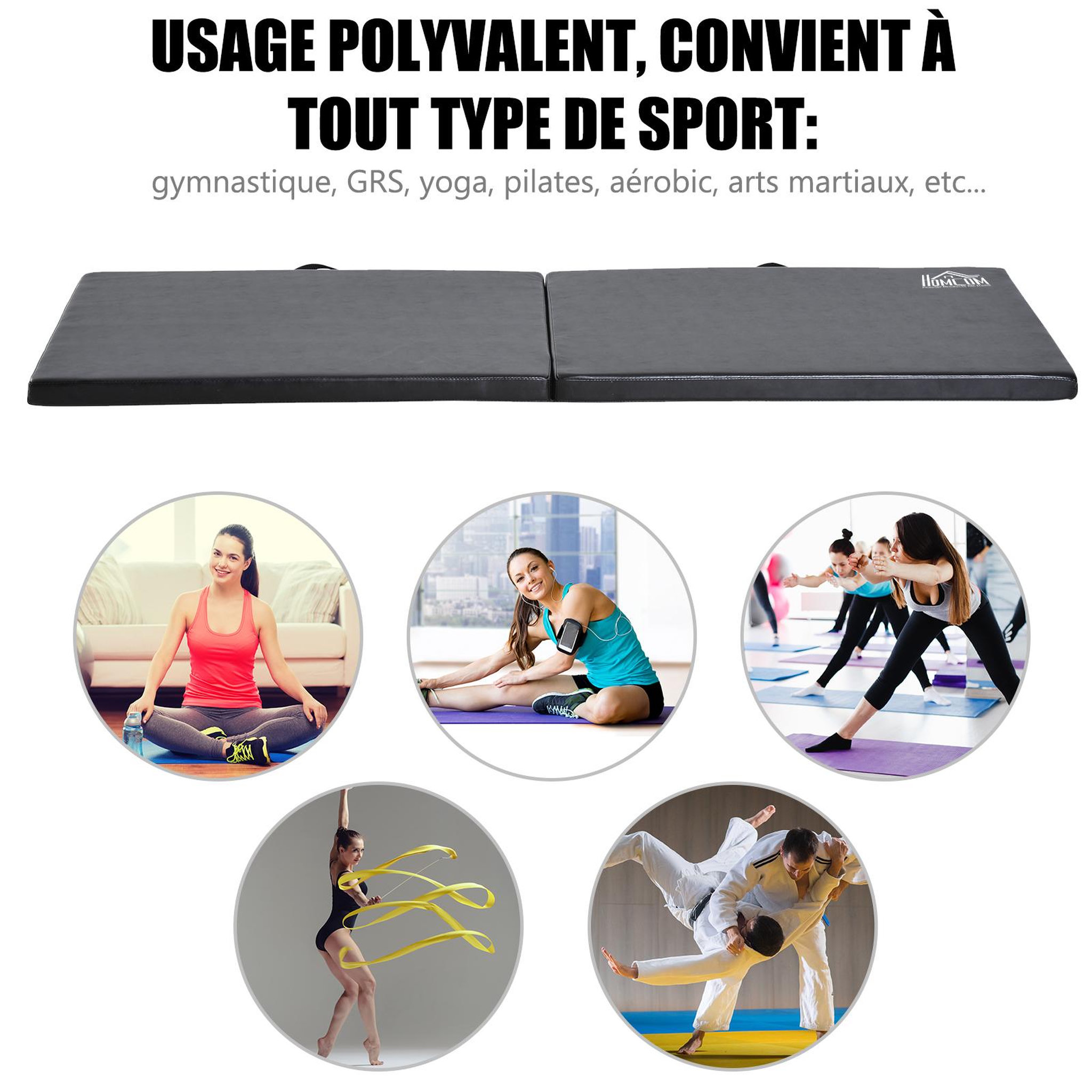 Voir la diapositive 3 : HOMCOM Tapis de gymnastique yoga pilates fitness pliable portable grand confort 180l x 60l x 5h cm revêtement synthétique noir