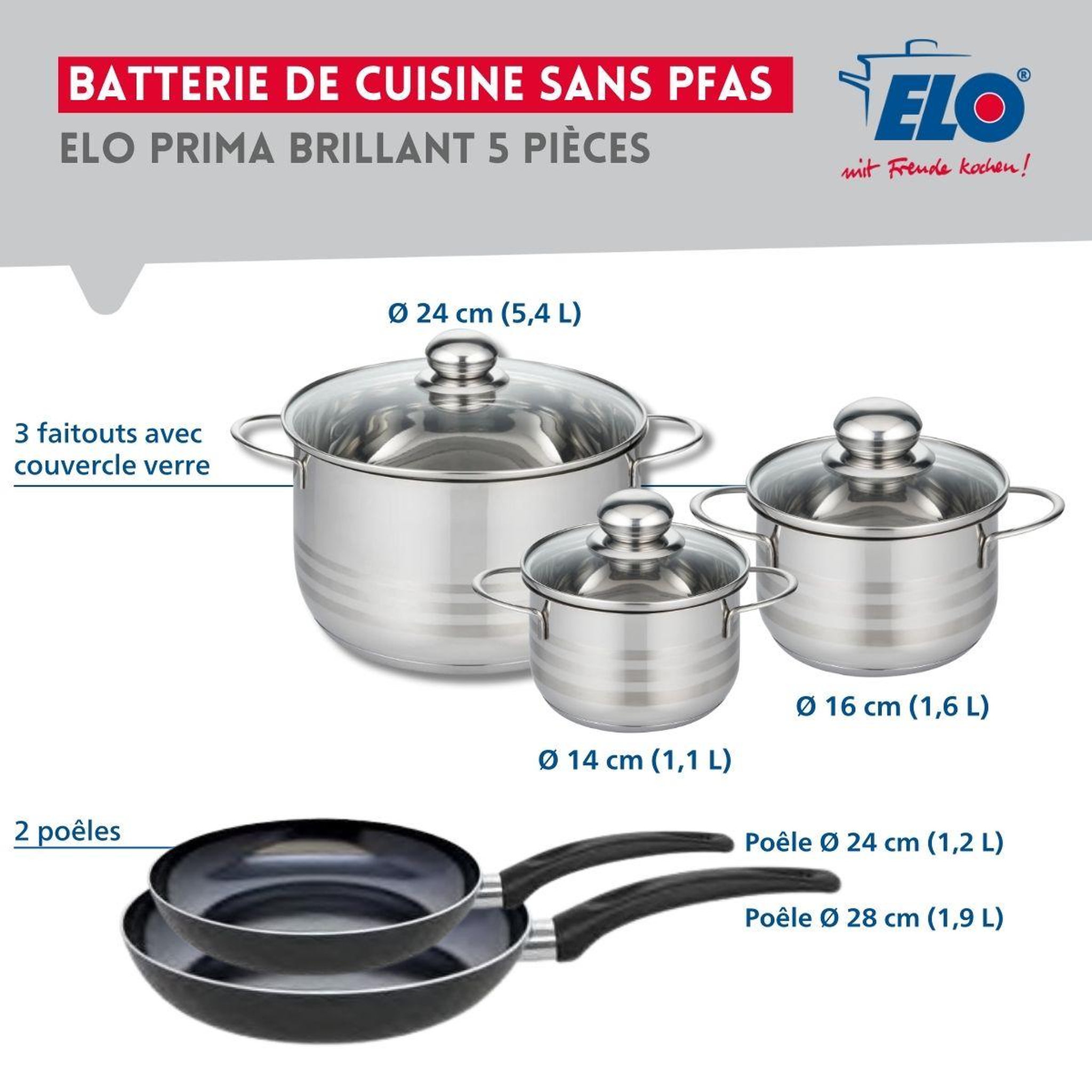 Voir la diapositive 2 : ELO Ensemble de 2 poêles de cuisson 24 et 28 cm et 3 faitouts 14, 16 et 24 cm elo prima brillant