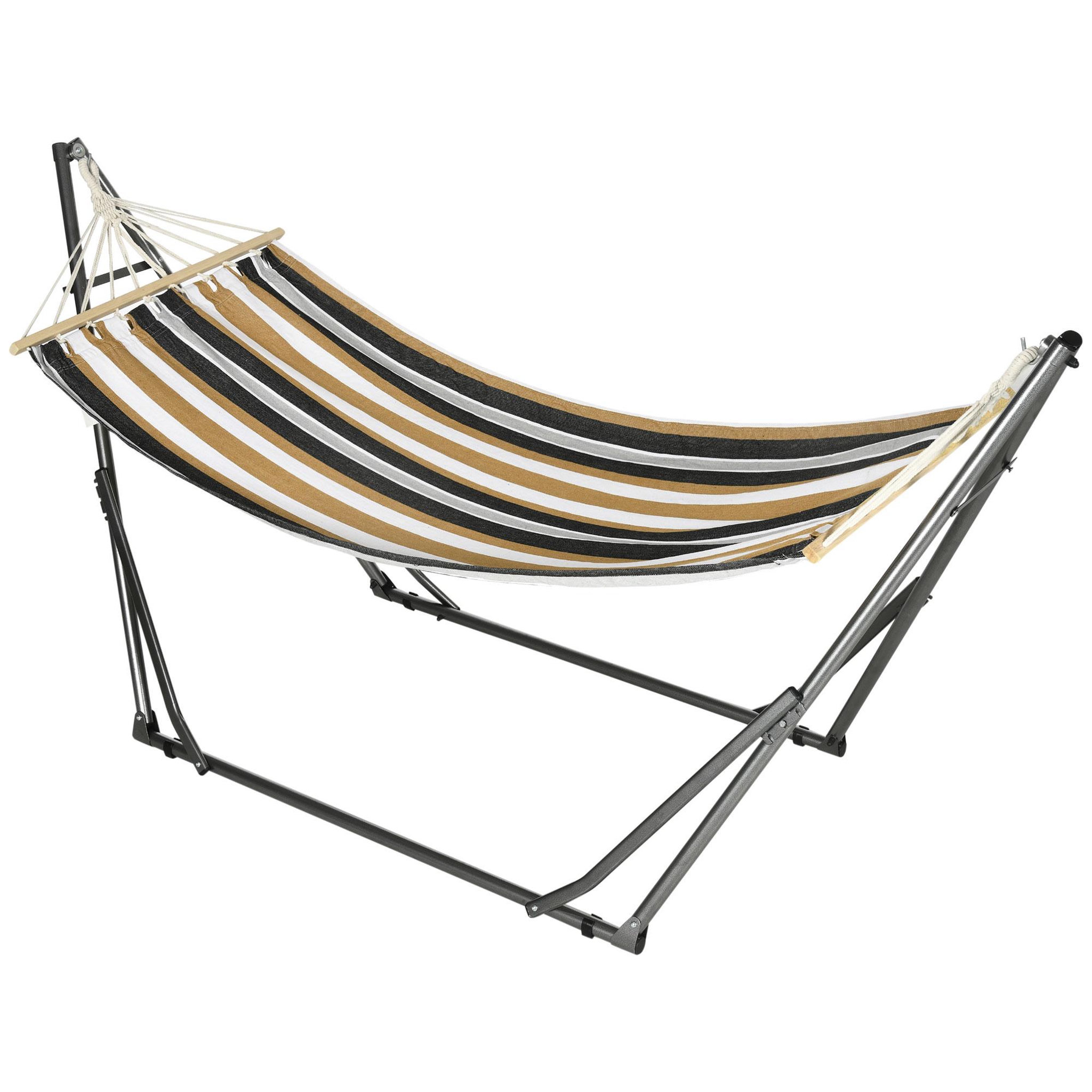 OUTSUNNY Hamac de jardin pliable avec support acier époxy et toile coton lin marron noir gris blanc