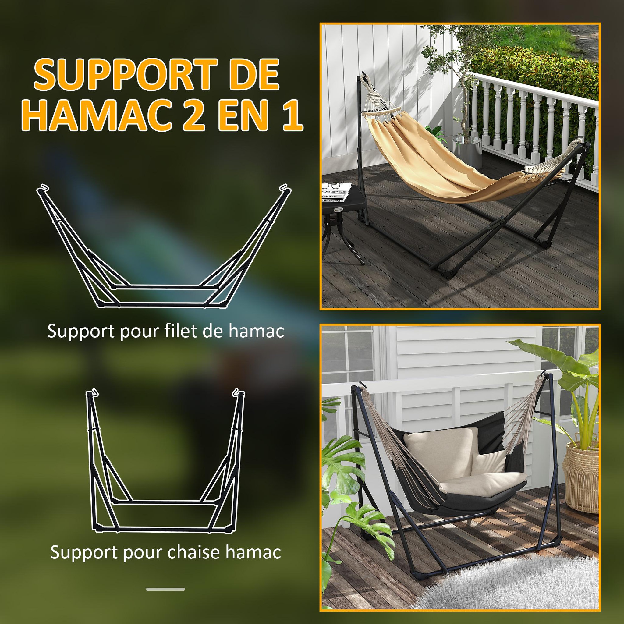Voir la diapositive 4 : OUTSUNNY Hamac pliable complet - support acier, toile hamac coton - support 2 en 1 hamac chaise suspendue - noir beige