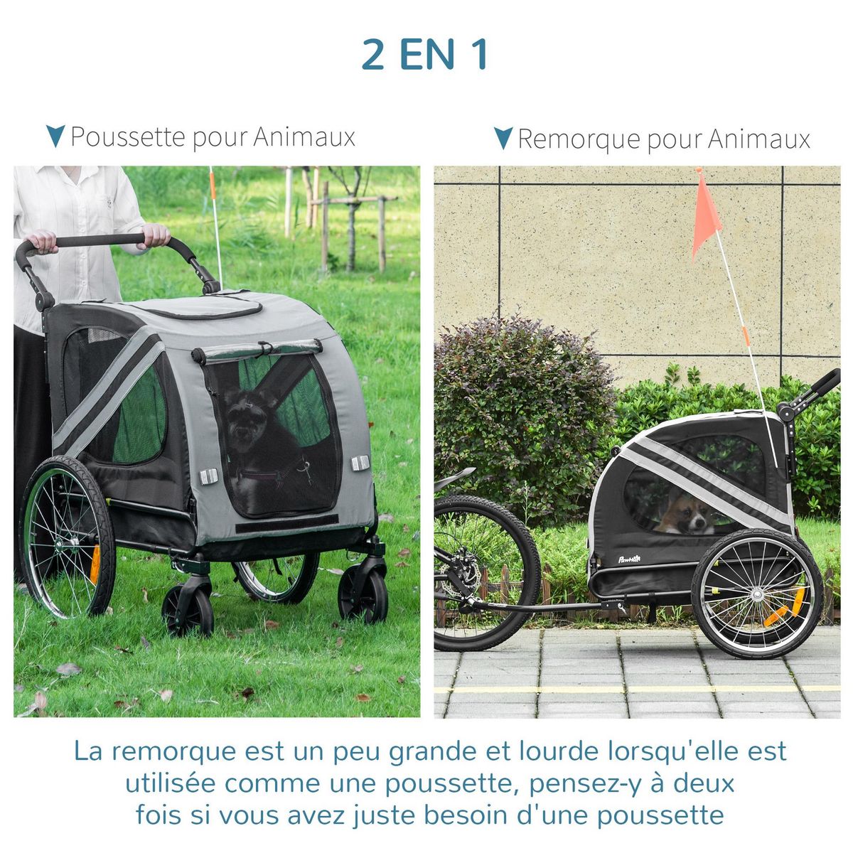 PAWHUT Remorque vélo jogger 2 en 1 pour animaux drapeau roue avant pivotante réflecteurs gris noir