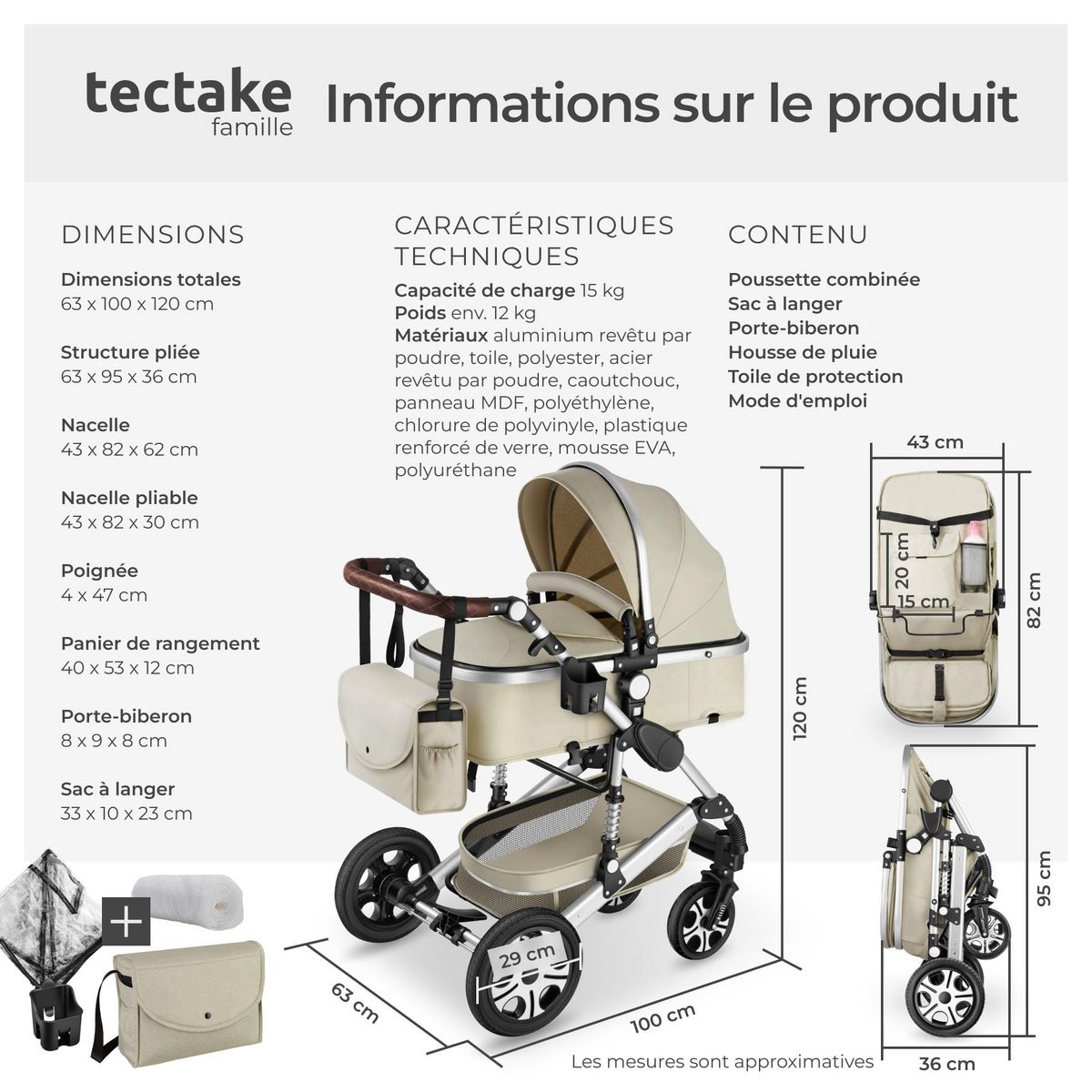 tectake Poussette combinée 2-en-1 pliable avec harnais à 5 points, frein, arceau de sécurité et dragonne gris/beige