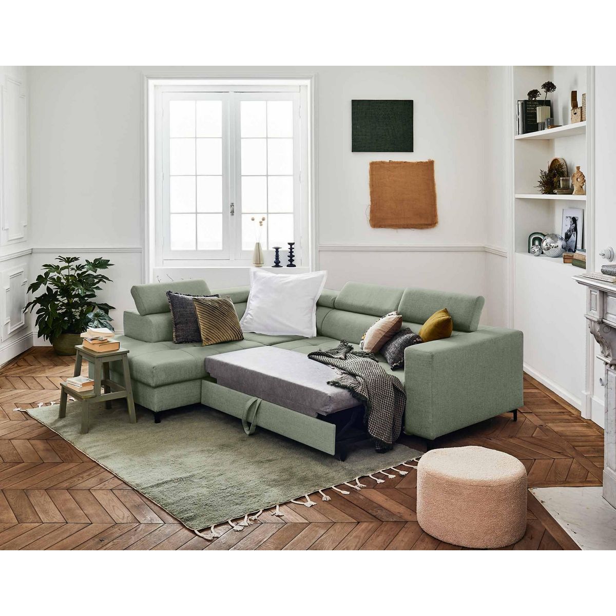 LISA DESIGN Olinda - canapé d'angle gauche - 5 places - convertible avec coffre et têtières réglables - en tissu