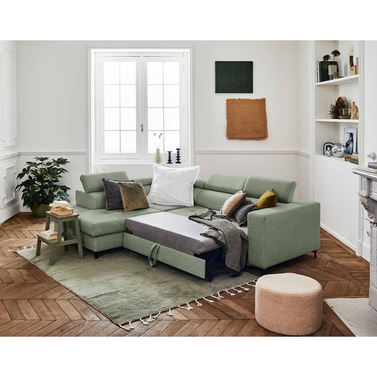 LISA DESIGN Olinda - canapé d'angle gauche - 5 places - convertible avec coffre et têtières réglables - en tissu