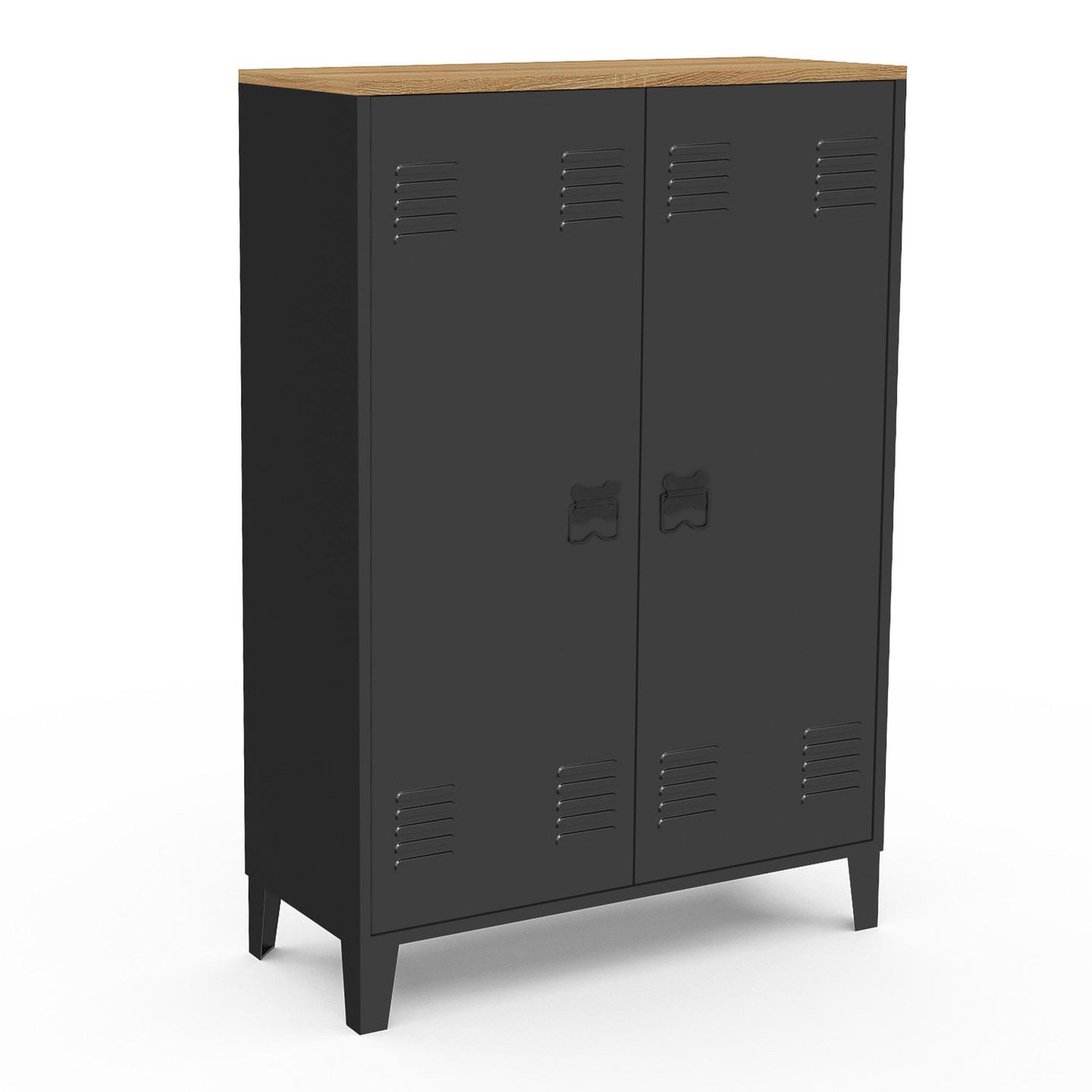 ID MARKET Armoire basse ester 2 portes métal noir et plateau bois design industriel