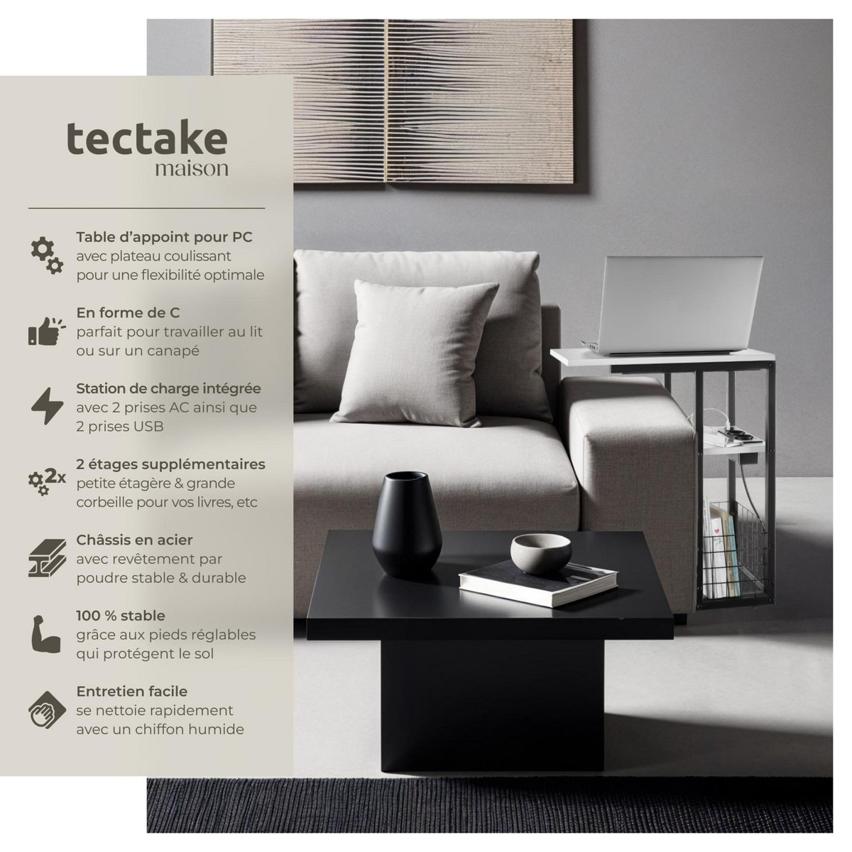 tectake Table d'appoint pour ordinateur portable avec station de charge intégrée avec port USB et AC et plateau de table coulissant blanc