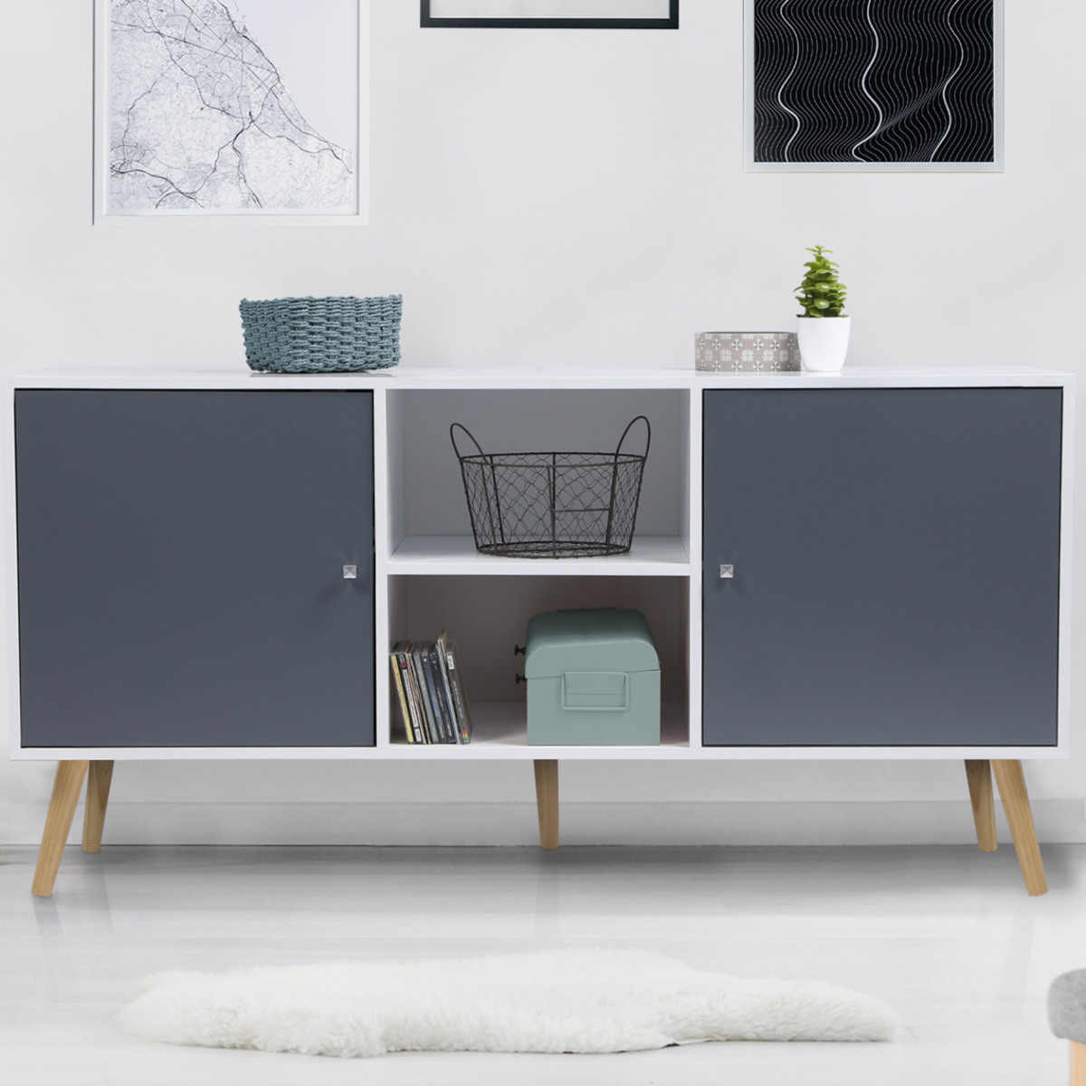 ID MARKET Buffet bas scandinave 140 cm EFFIE 2 portes bois blanc et gris