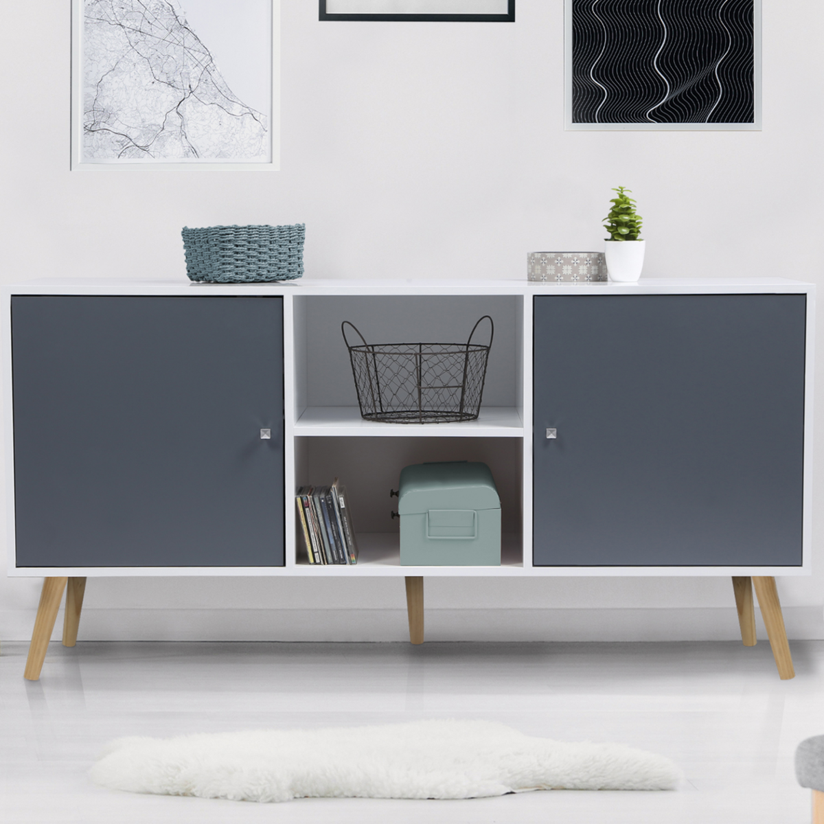 ID MARKET Buffet bas scandinave 140 cm EFFIE 2 portes bois blanc et gris