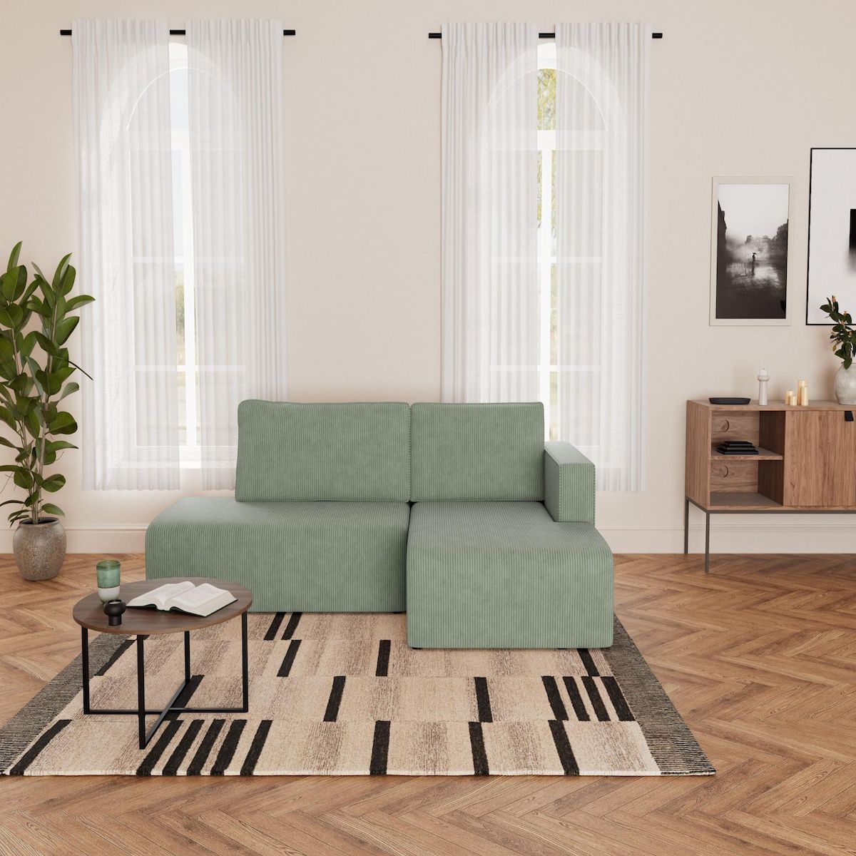 BEST MOBILIER Topaze - canapé d'angle droit 4 places convertible avec coffre en velours côtelé