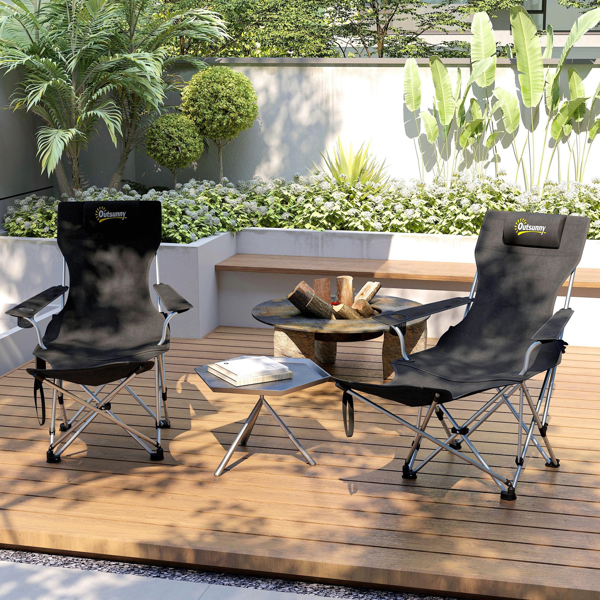 Voir la diapositive 2 : OUTSUNNY Lot de 2 chaises de camping pliantes - repose-pied amovible, rangements - sac transport - noir