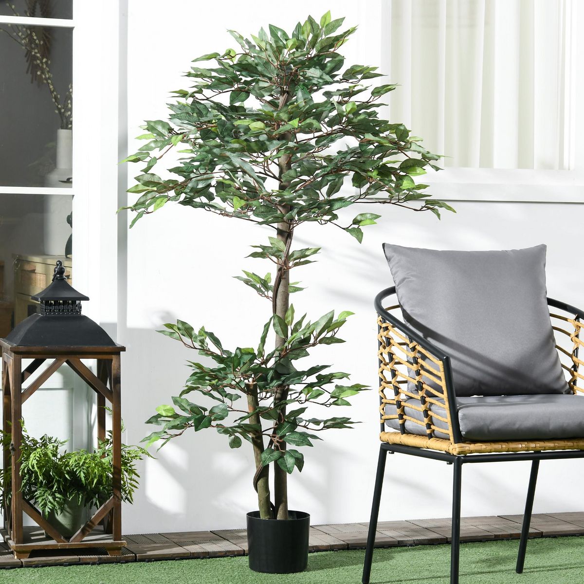 OUTSUNNY Plante artificielle ficus H.1,5 m troncs branches liane lichen feuilles grand réalisme pot inclus