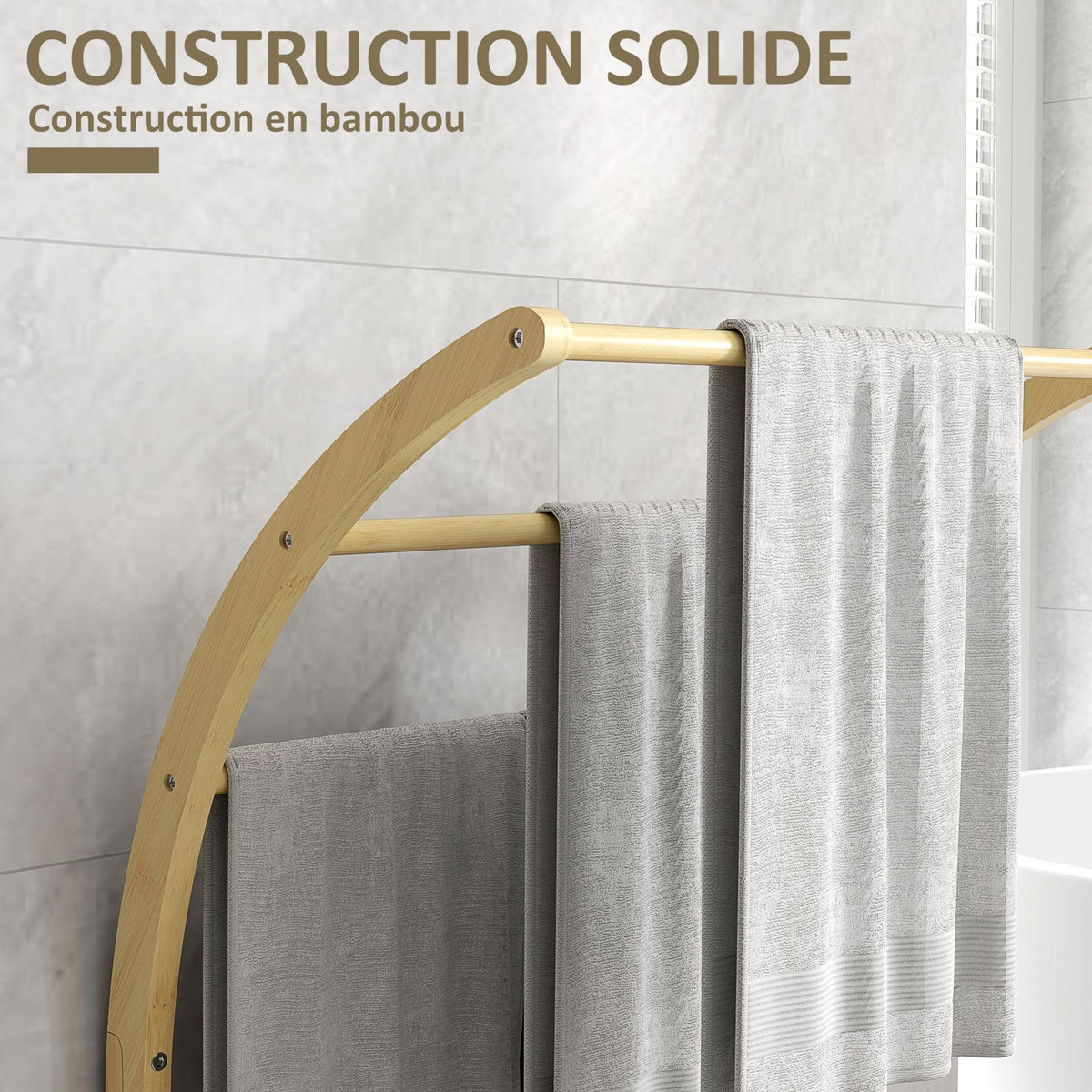 HOMCOM Porte-serviettes style cosy bambou verni 3 barres étagère sol H.84 cm