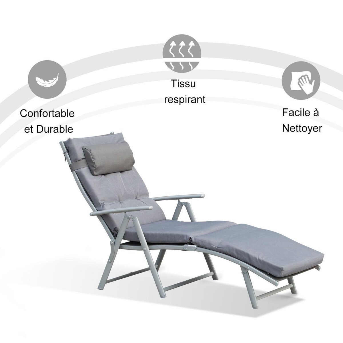 OUTSUNNY Bain de soleil pliable transat inclinable 7 positions chaise longue grand confort avec matelas + accoudoirs métal époxy textilène polyester gris